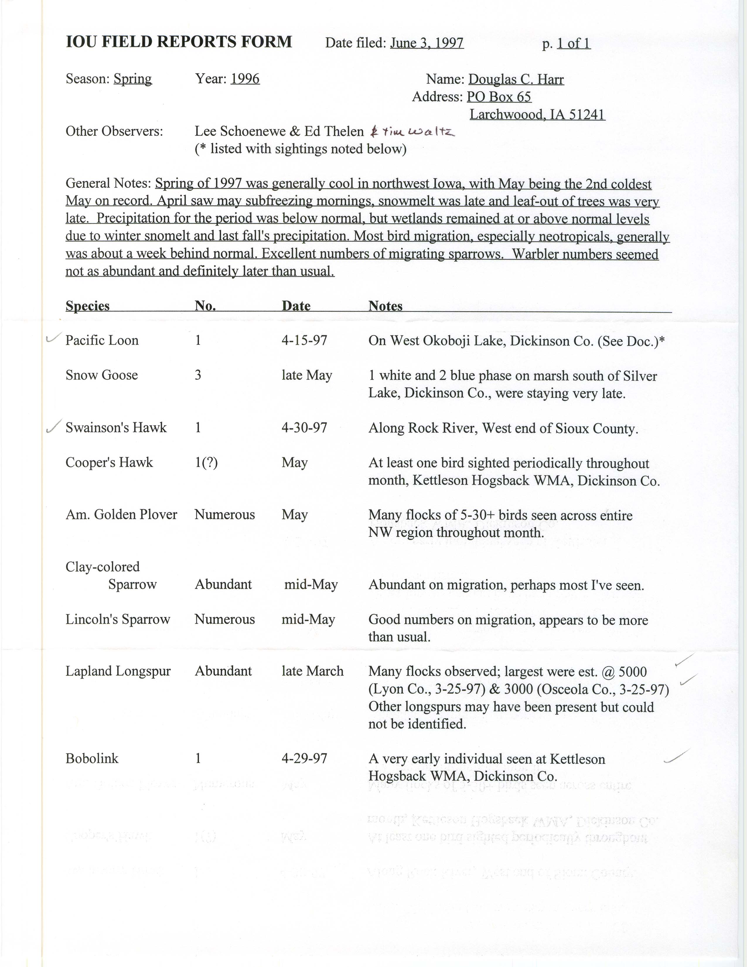 IOU field reports form, Douglas C. Harr, June 3, 1997