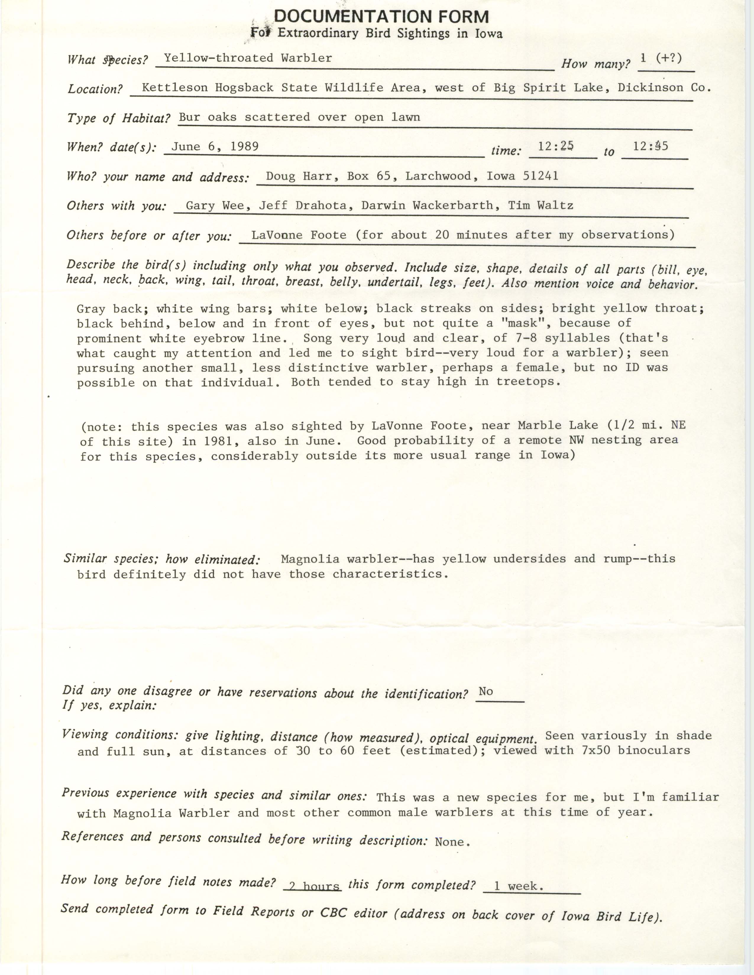 Rare bird documentation form for Yellow-throated Warbler at Kettleson Hogsback State Wildlife Area in Dickinson County, IA on June 6, 1989