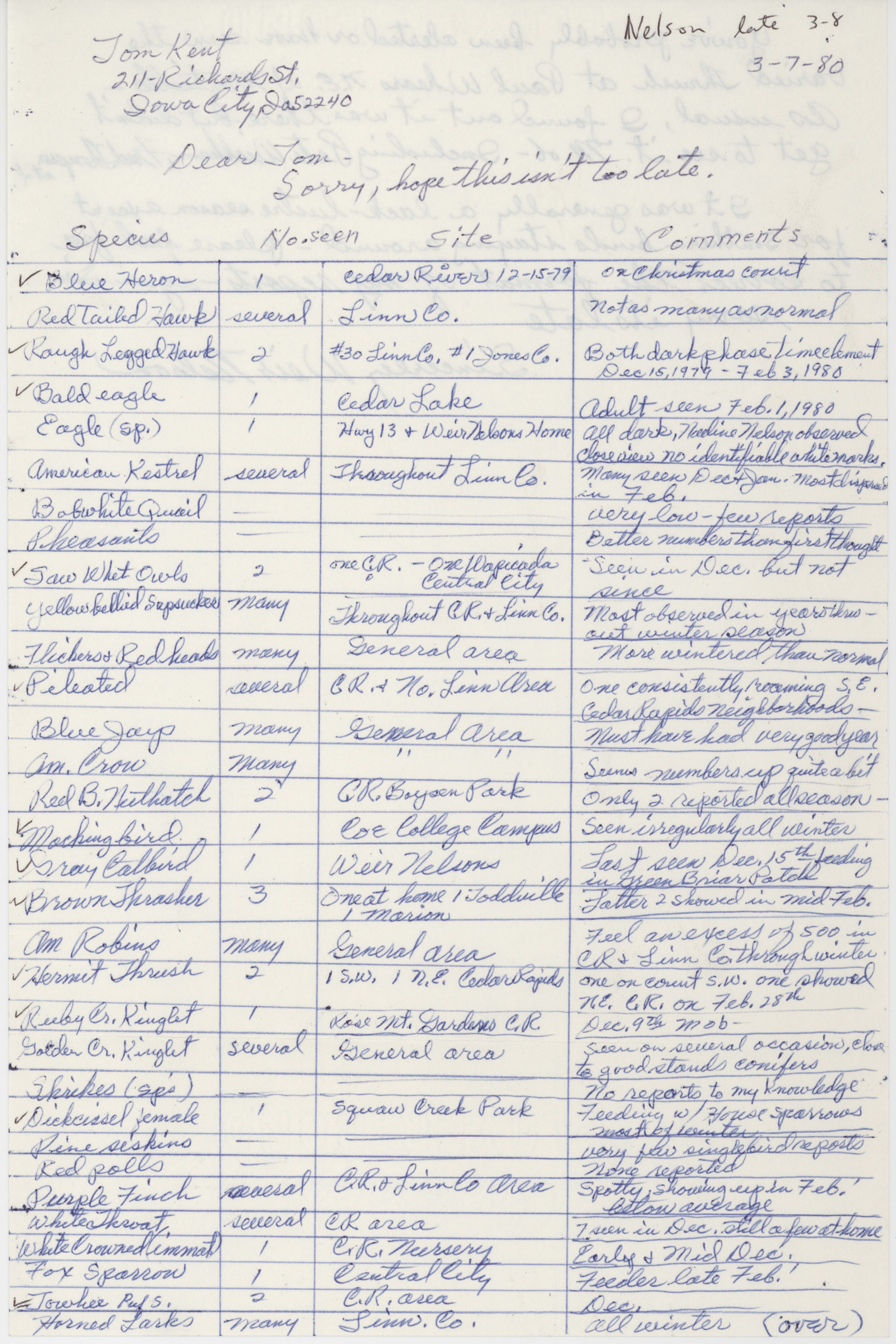 Field notes contributed by Weir Nelson, March 7, 1980