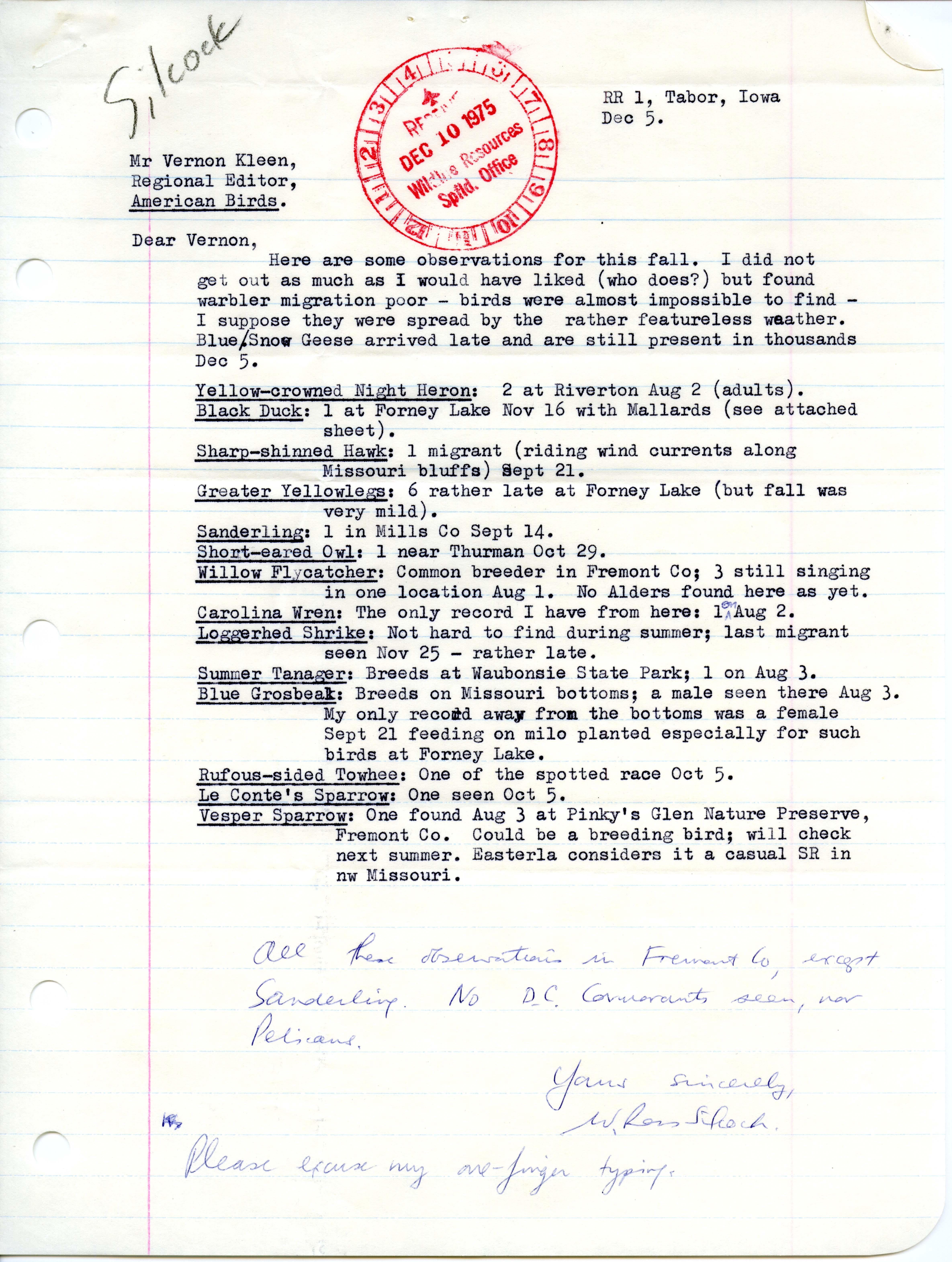 W. Ross Silcock letter to Vernon M. Kleen regarding fall migration 1975, December 5, 1975