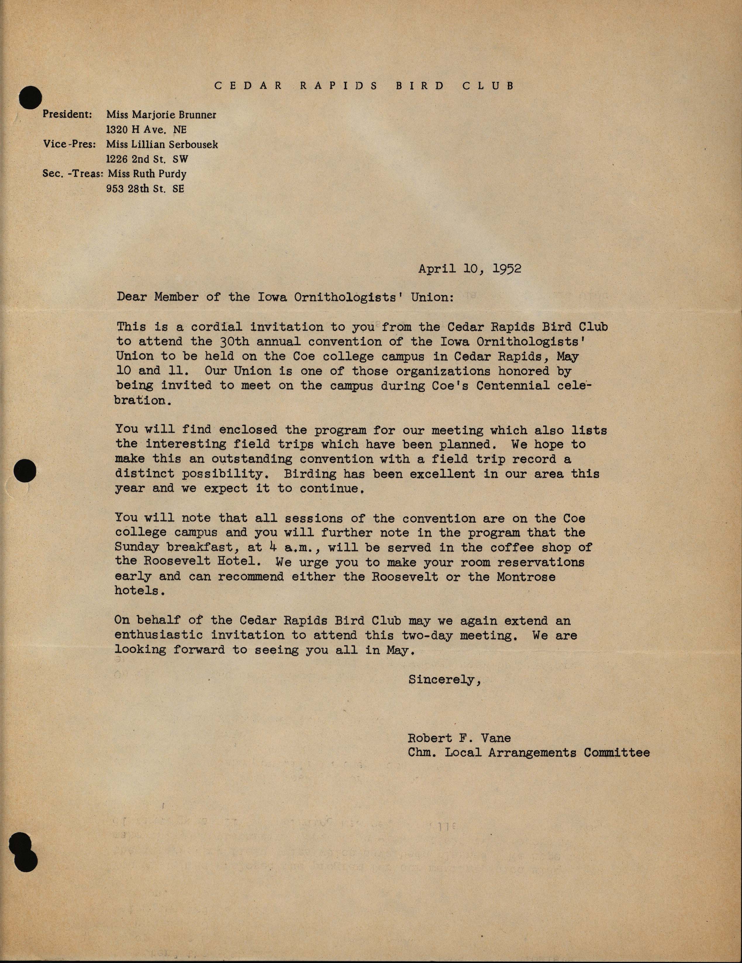 Robert F. Vane letter regarding an invitation to the 30th annual convention of the Iowa Ornithologists' Union, April 10, 1952