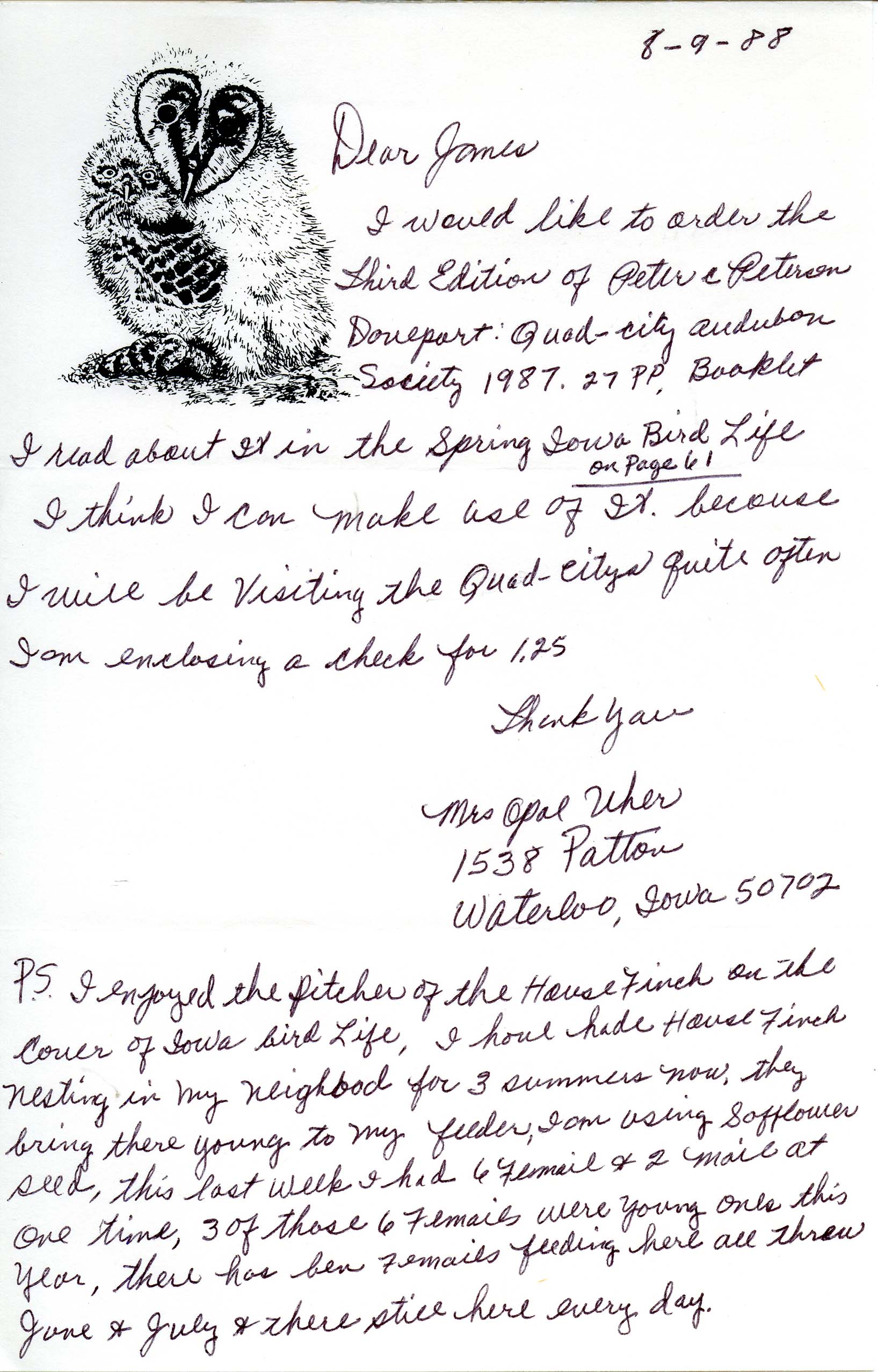 Opal Uher letter to James J. Dinsmore regarding a request to purchase a Peter C. Petersen publication, August 9, 1988