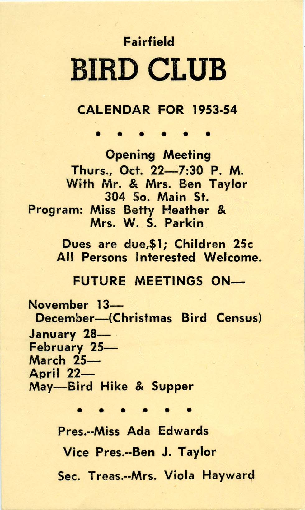 Fairfield Bird Club Calendar for 1953-54