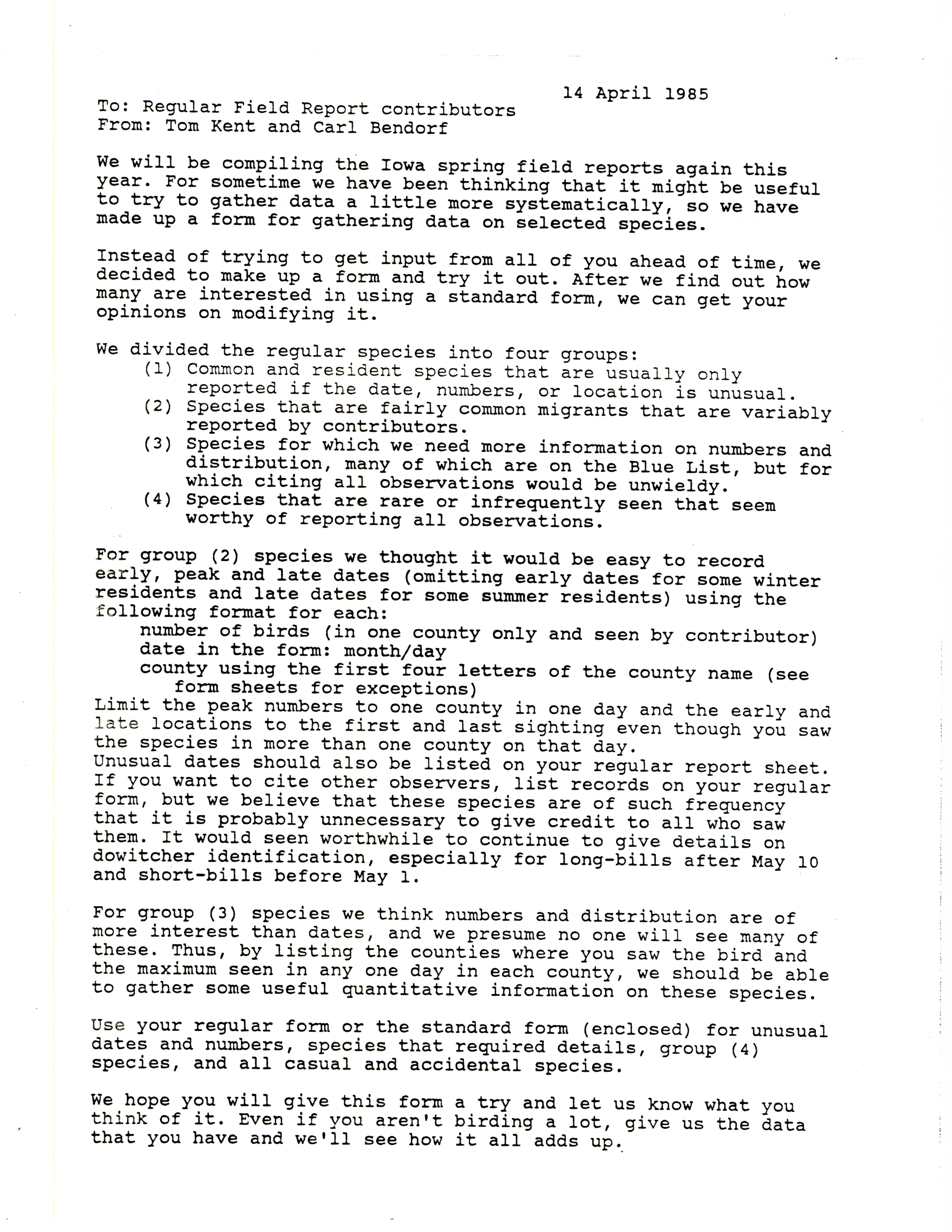 Thomas H. Kent and Carl J. Bendorf letter to regular field report contributors regarding a field report format, April 14, 1985