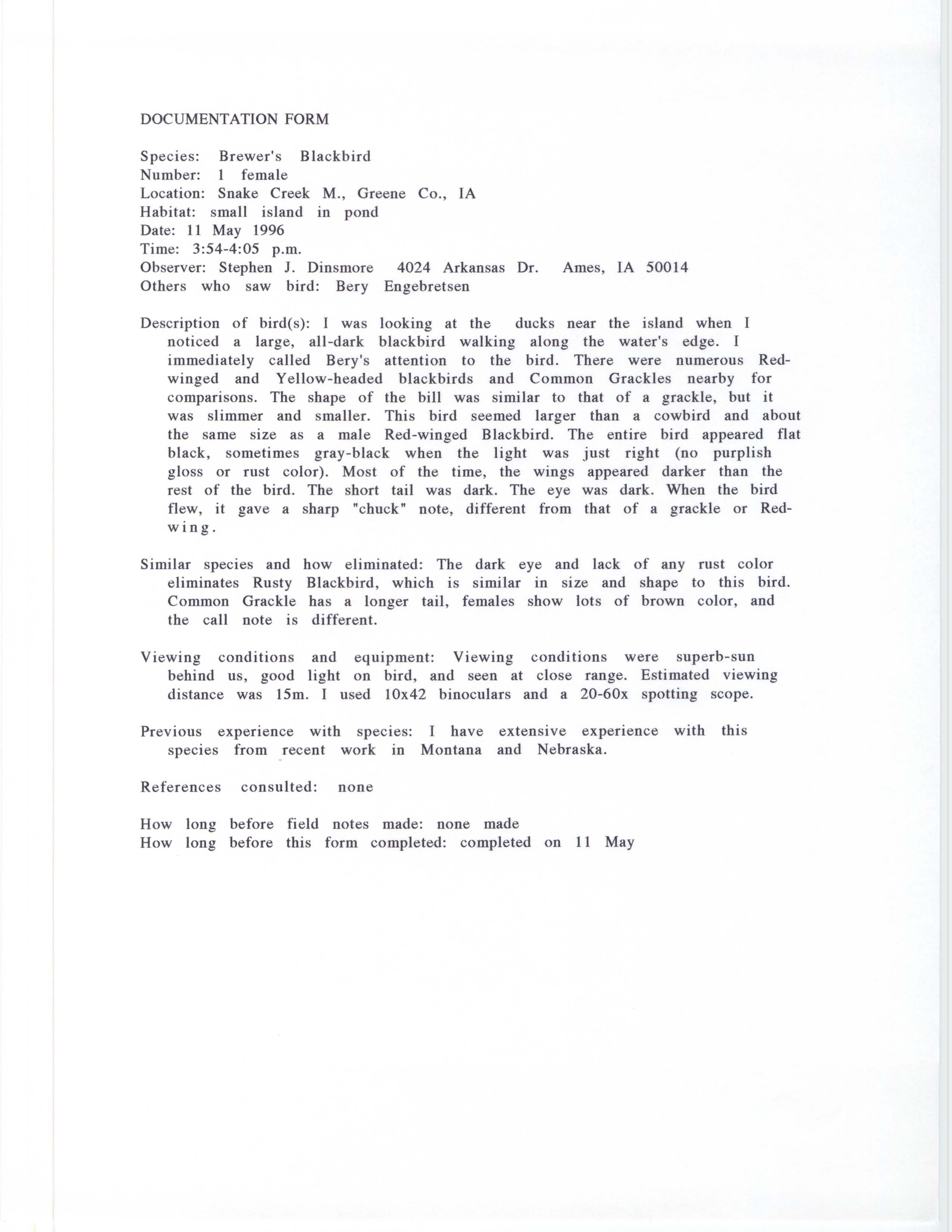 Rare bird documentation form for Brewer's Blackbird at Snake Creek Marsh, 1996