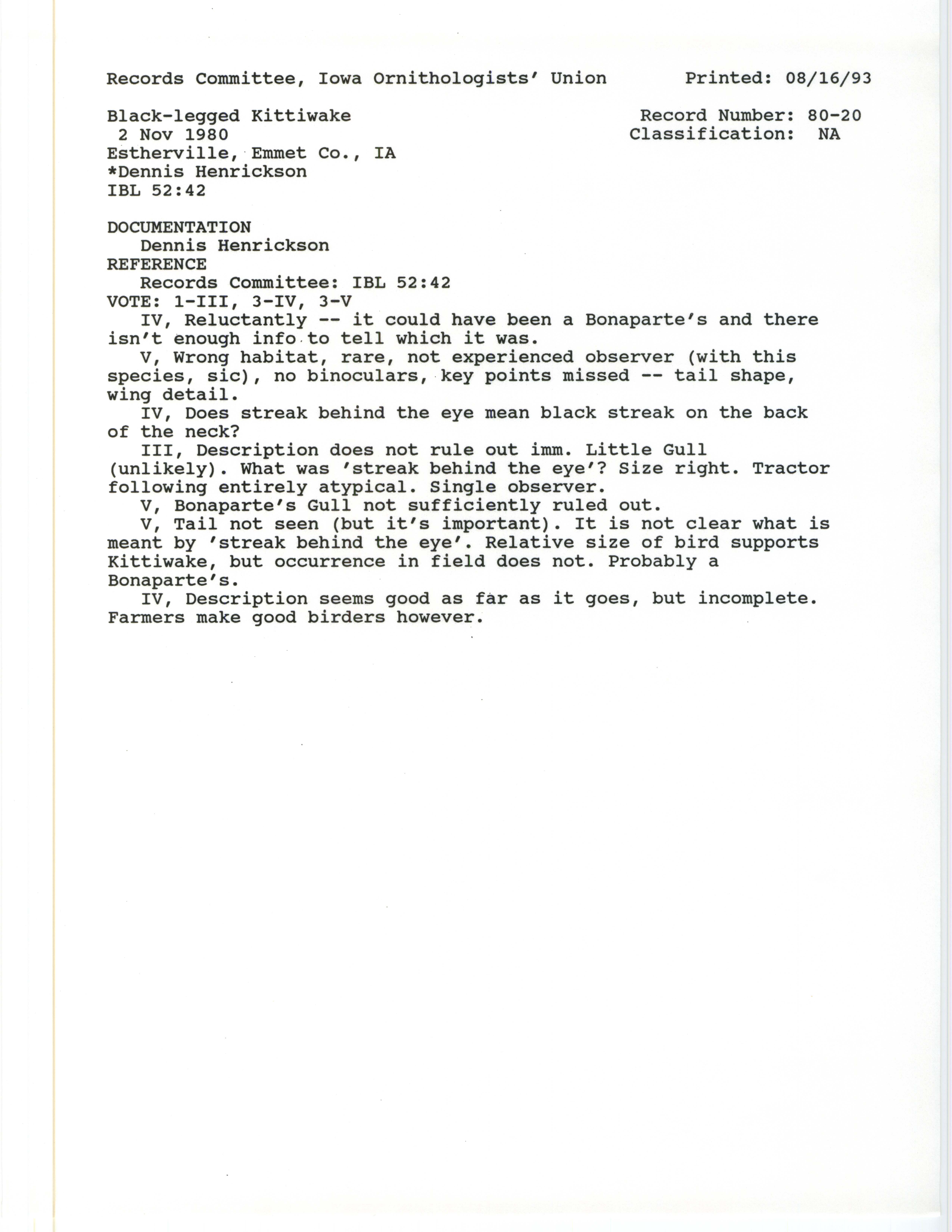 Records Committee review for rare bird sighting for Black-legged Kittiwake at Estherville, 1980