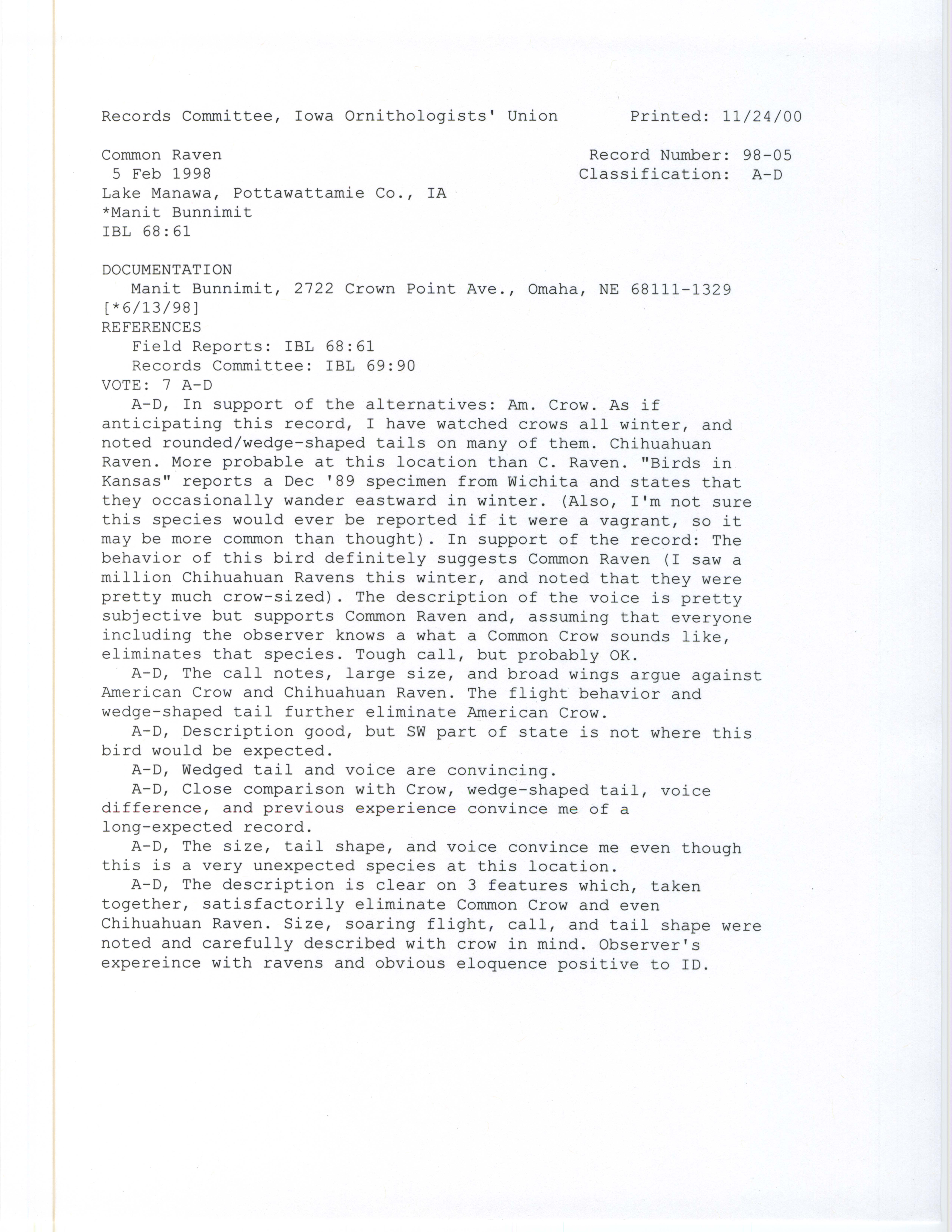 Records Committee review for rare bird sighting for Common Raven at Lake Manawa State Park, 1998