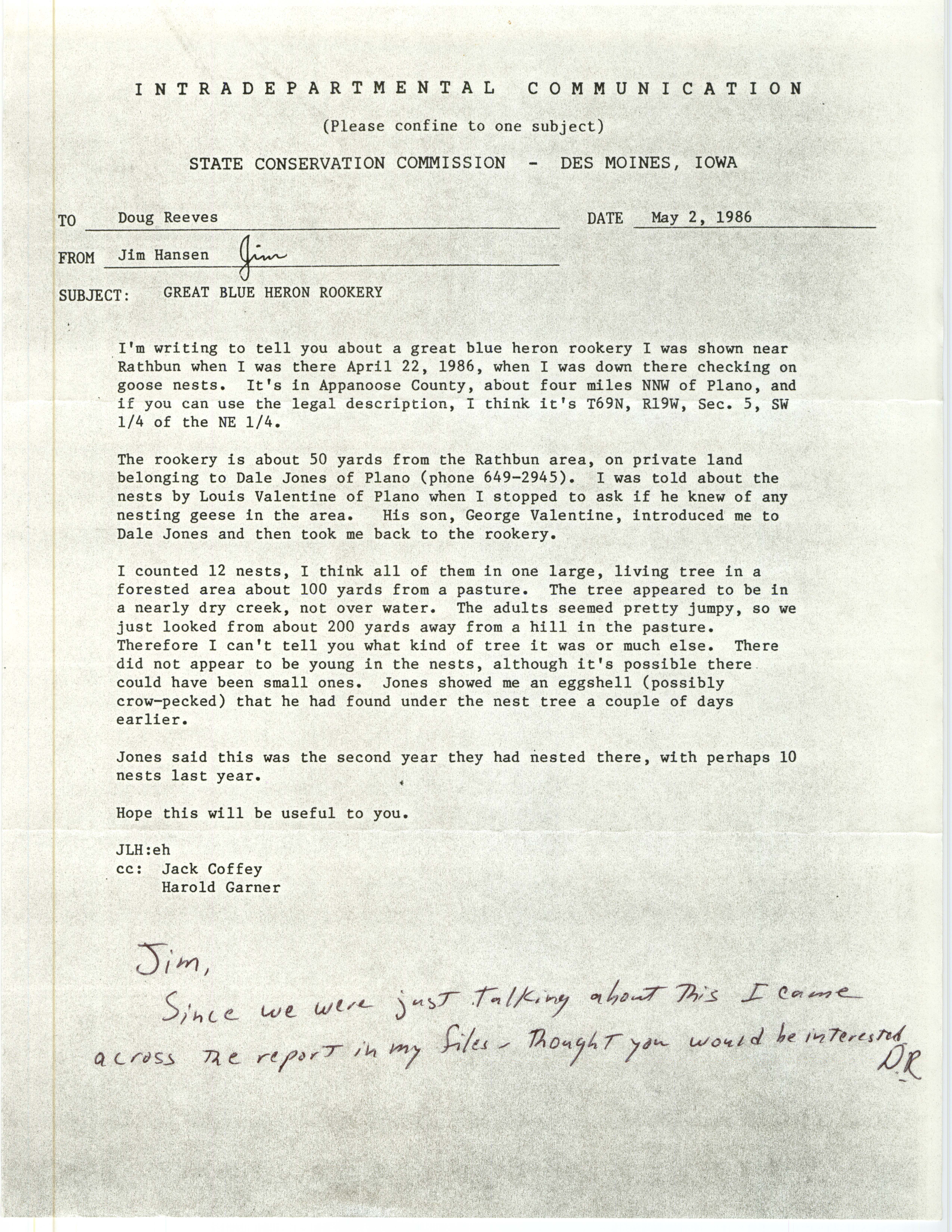 James L. Hansen letter to Doug Reeves regarding Great Blue Heron Rookery, May 2 1986  