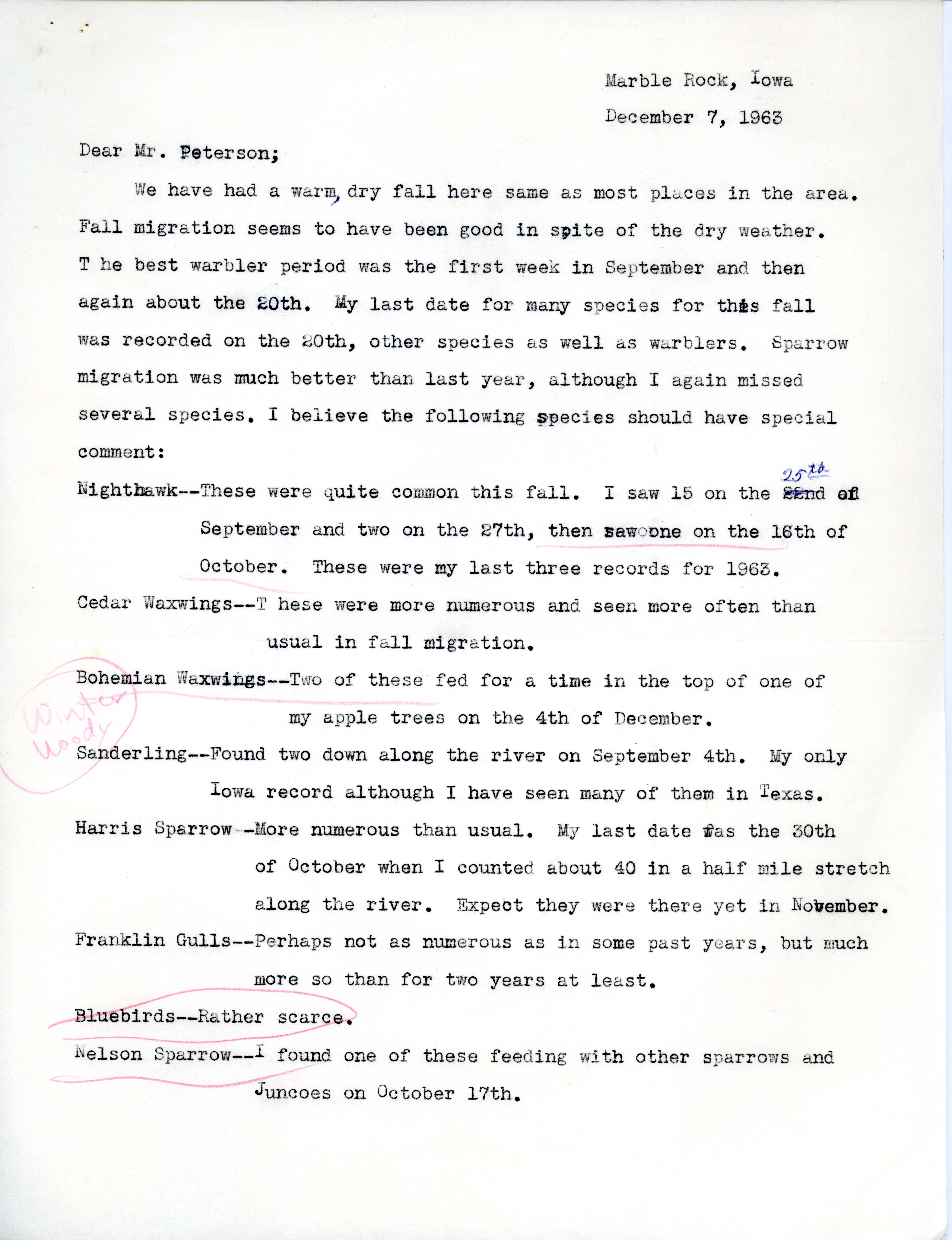 Pearl Knoop letter to Peter C. Petersen regarding bird sightings, December 7, 1963