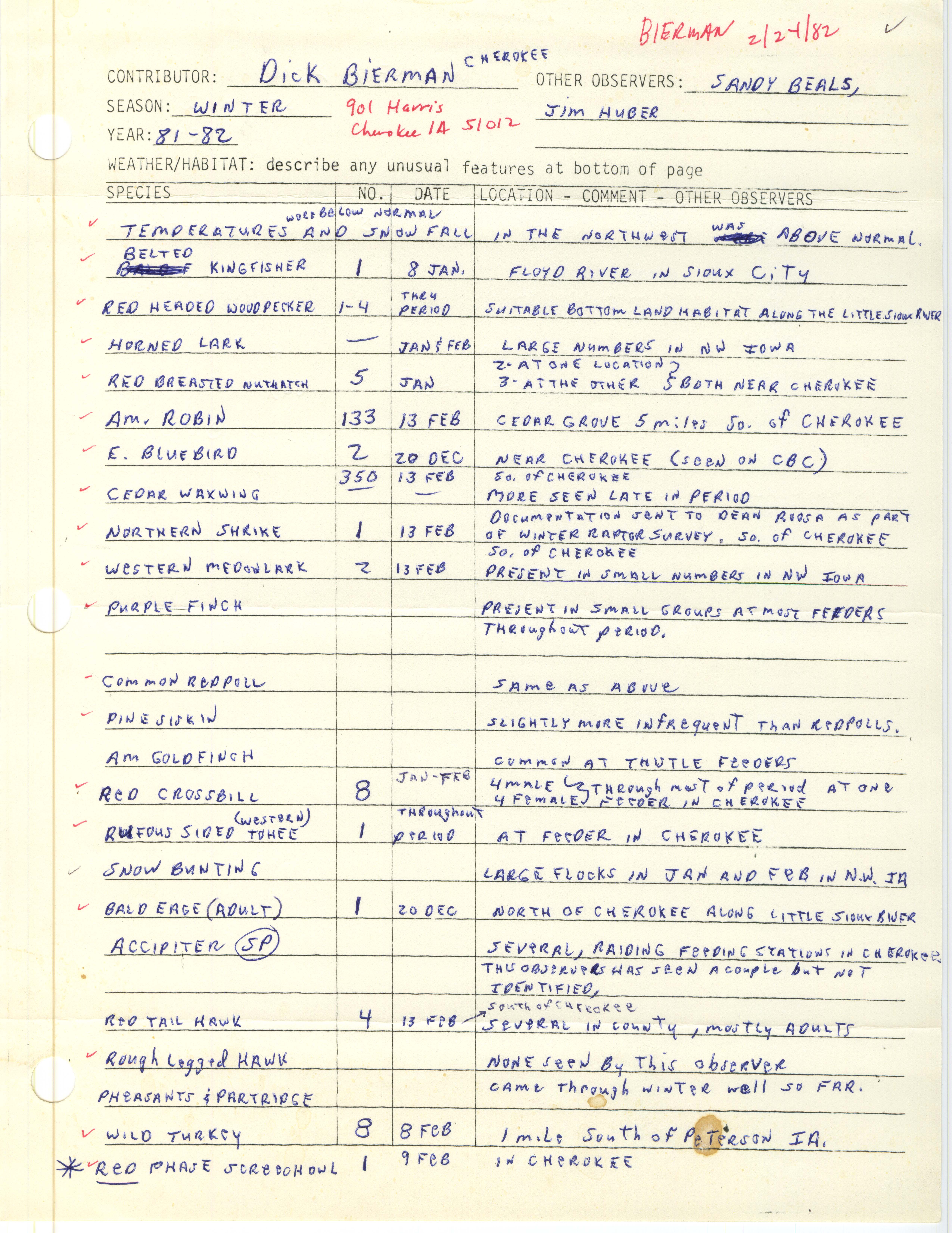 Field notes contributed by Dick Bierman, February 24, 1982