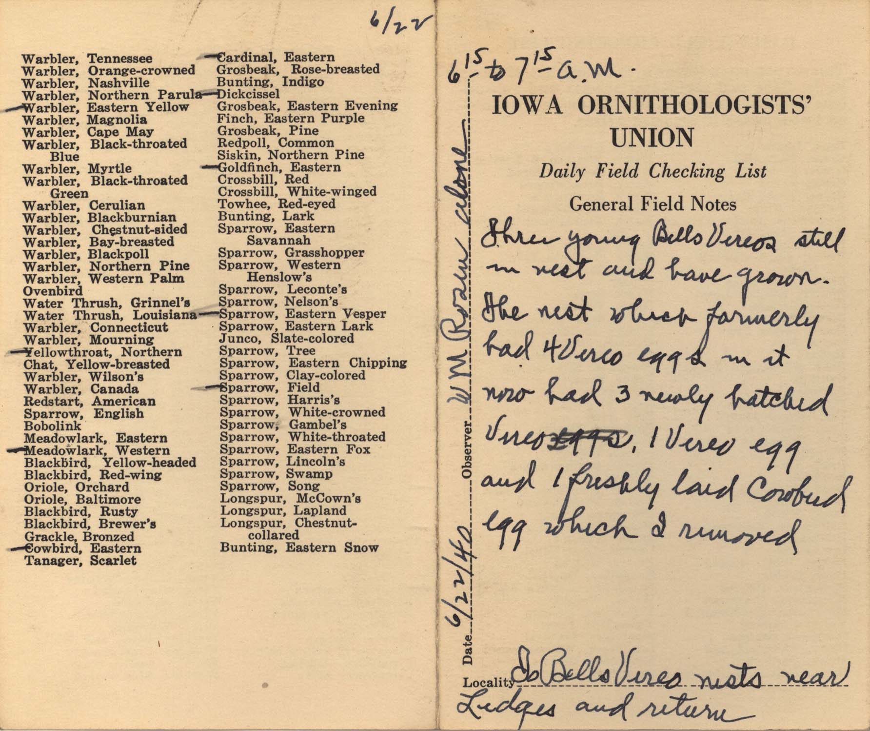 Daily field checking list by Walter Rosene, June 22, 1940