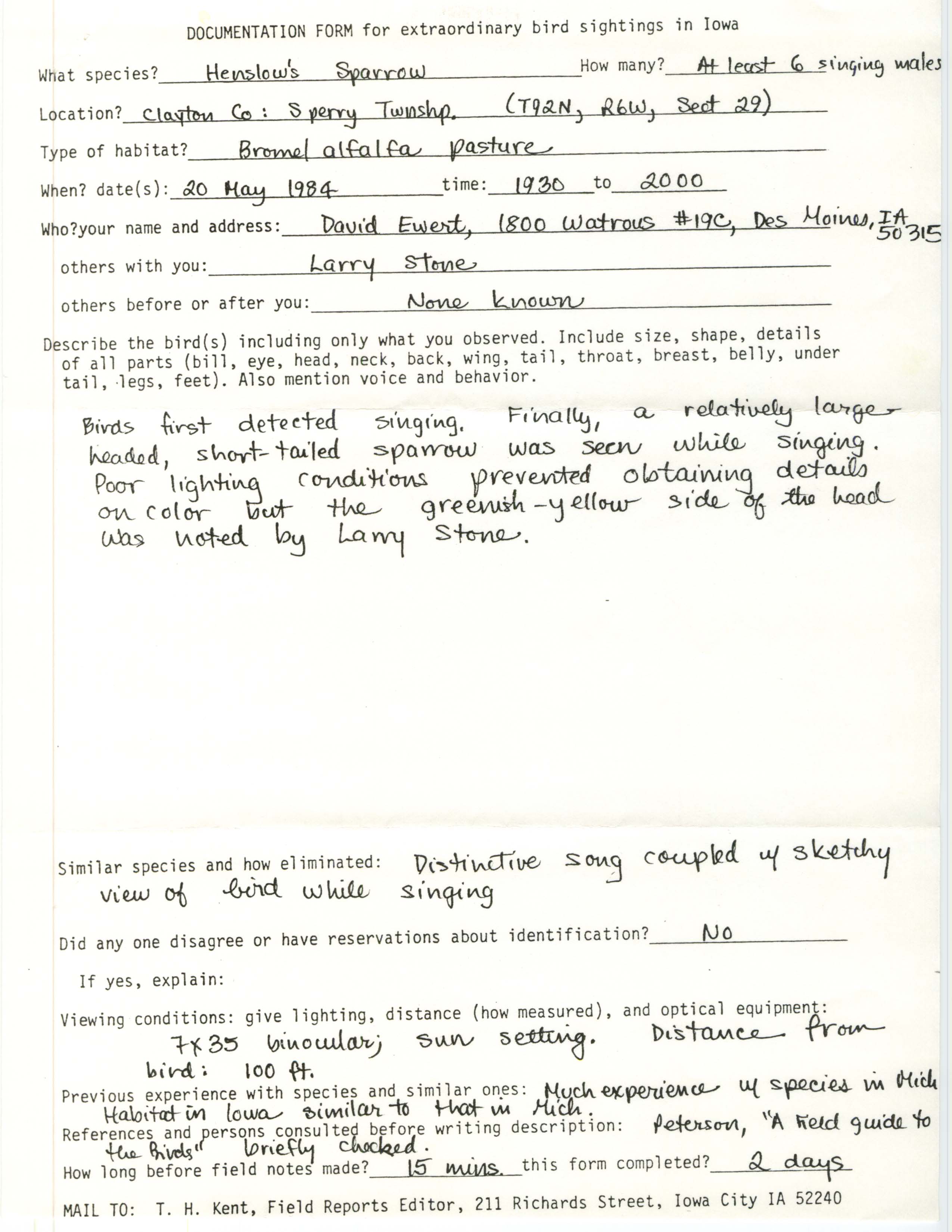 Rare bird documentation form for Henslow's Sparrow at Sperry Township in Clayton County, 1984