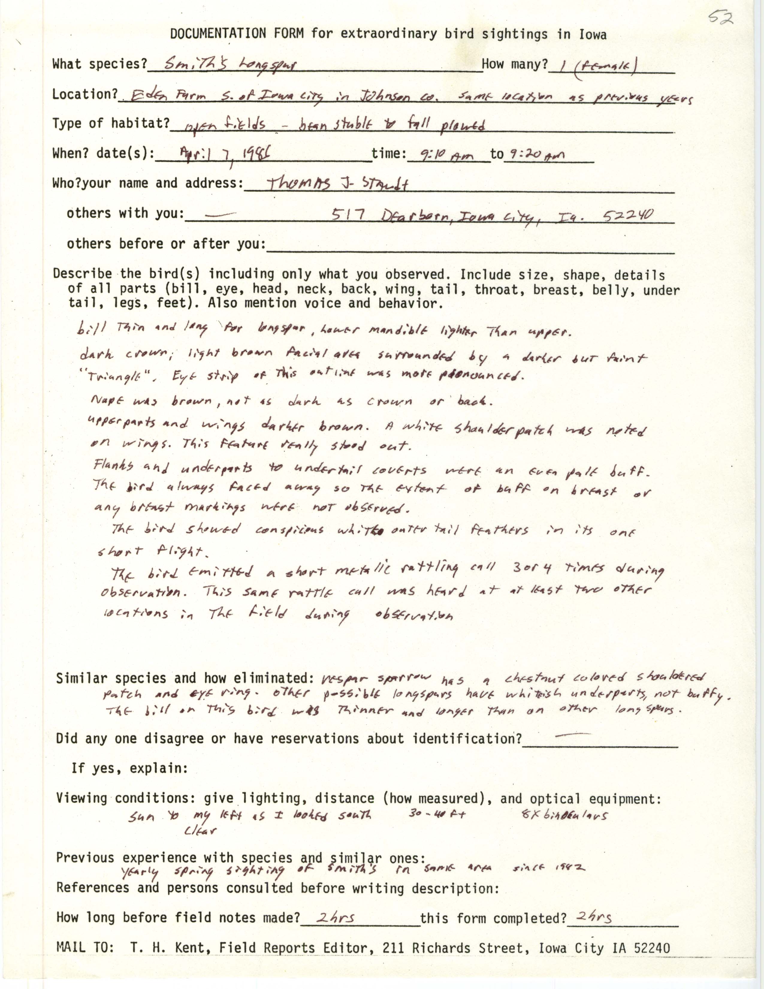 Rare bird documentation form for Smith's Longspur south of Iowa City, 1986
