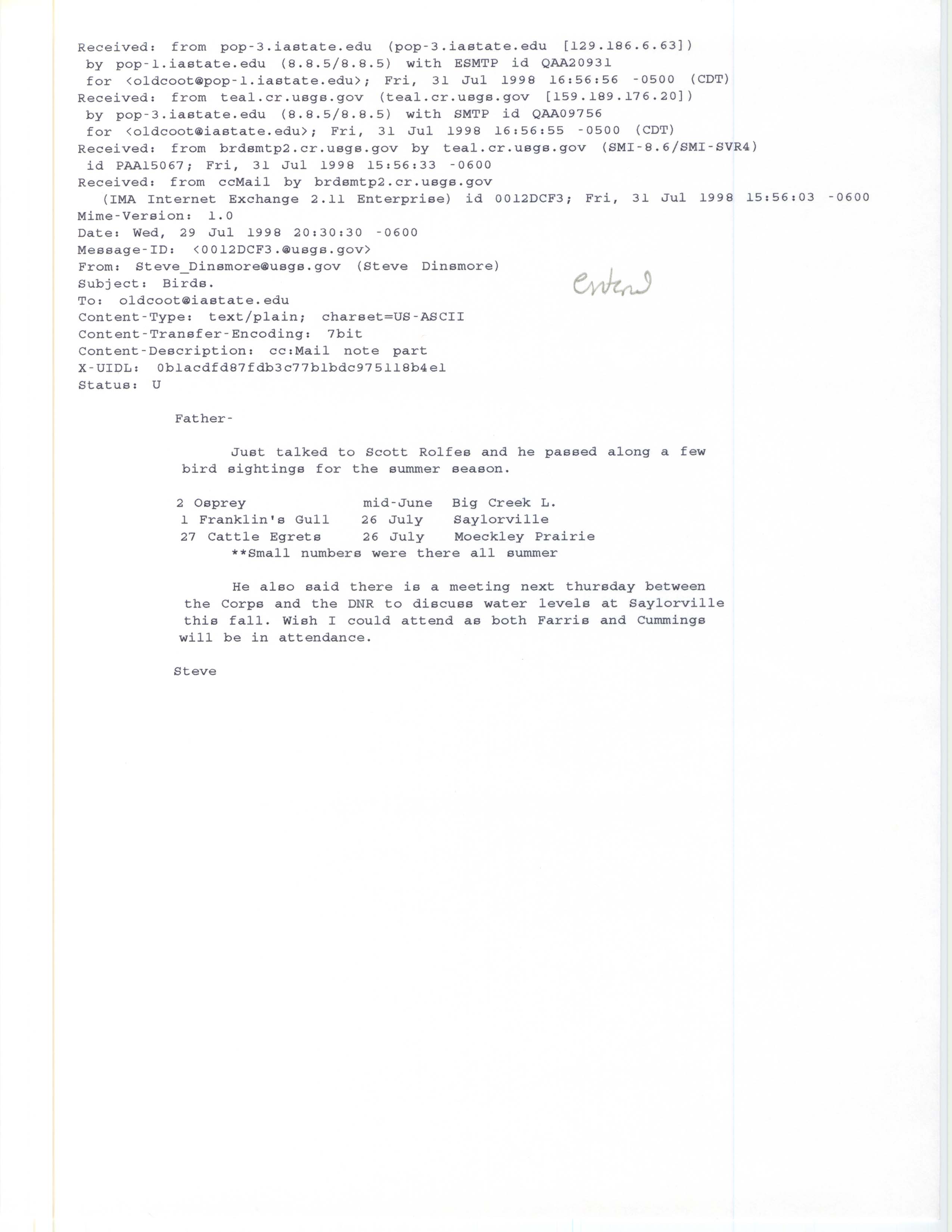 Steve Dinsmore email to Jim Dinsmore regarding Scott Rolfes sightings, July 29, 1998