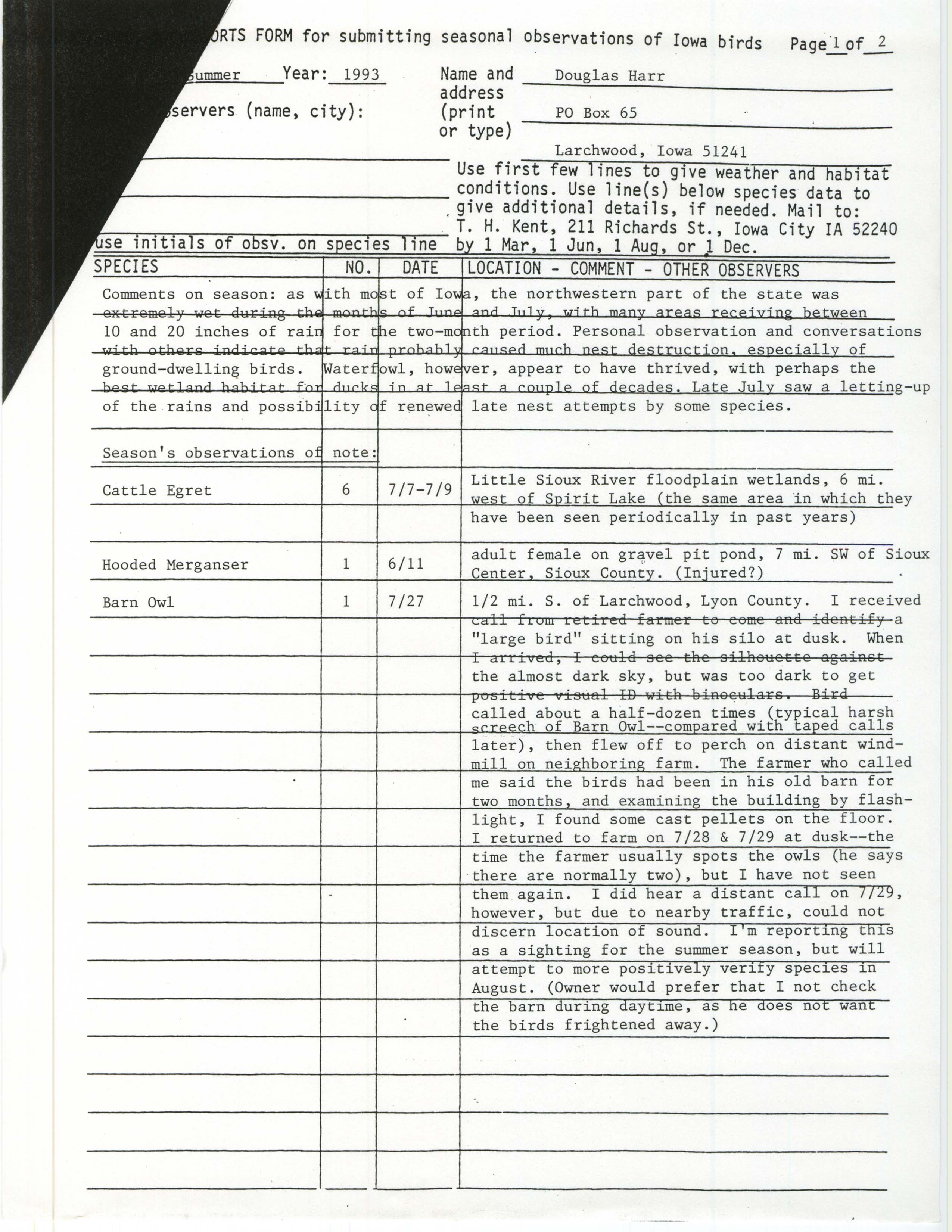 Field reports form for submitting seasonal observations of Iowa birds, summer 1993, Douglas Harr
