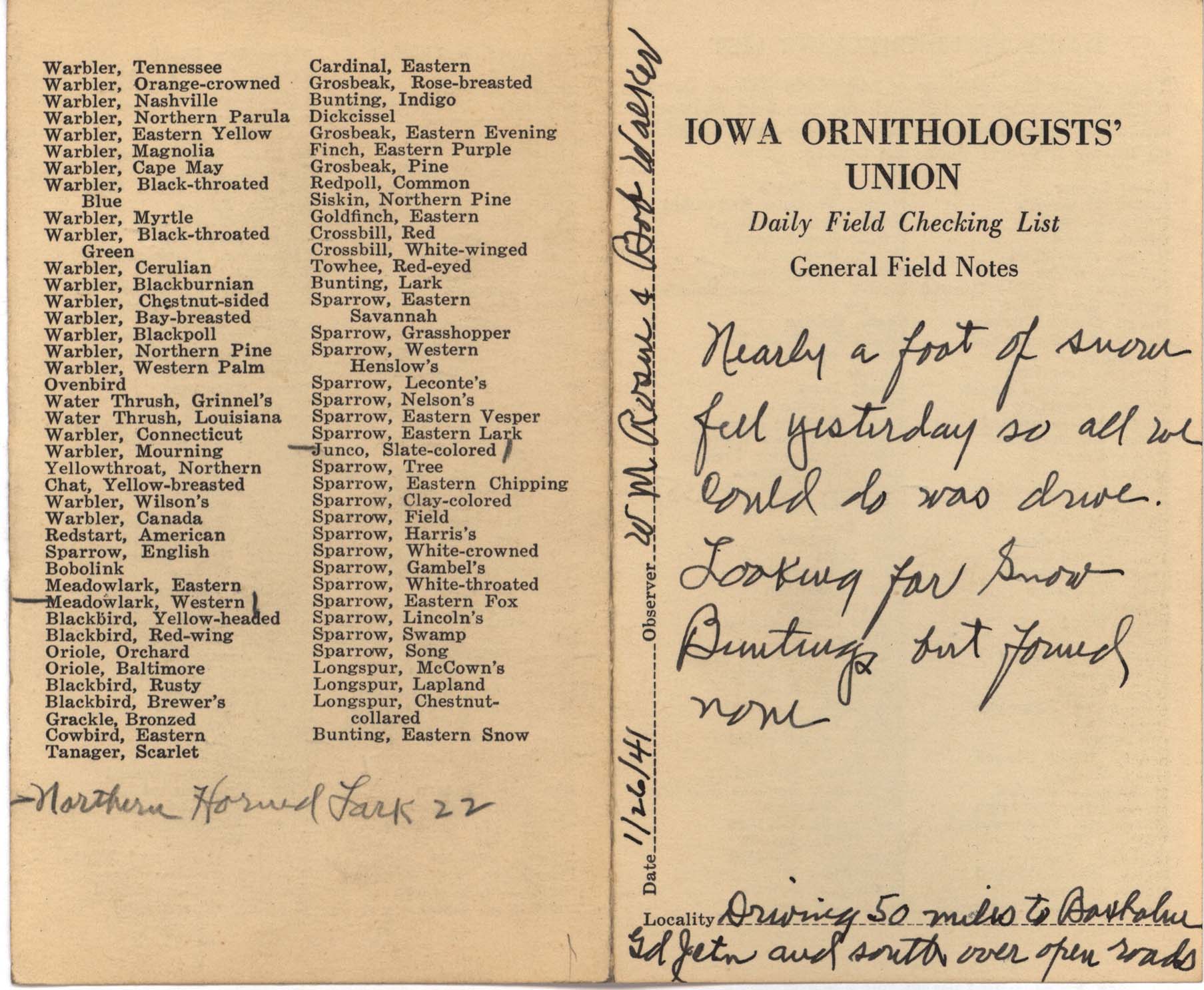 Daily field checking list by Walter Rosene, January 26, 1941