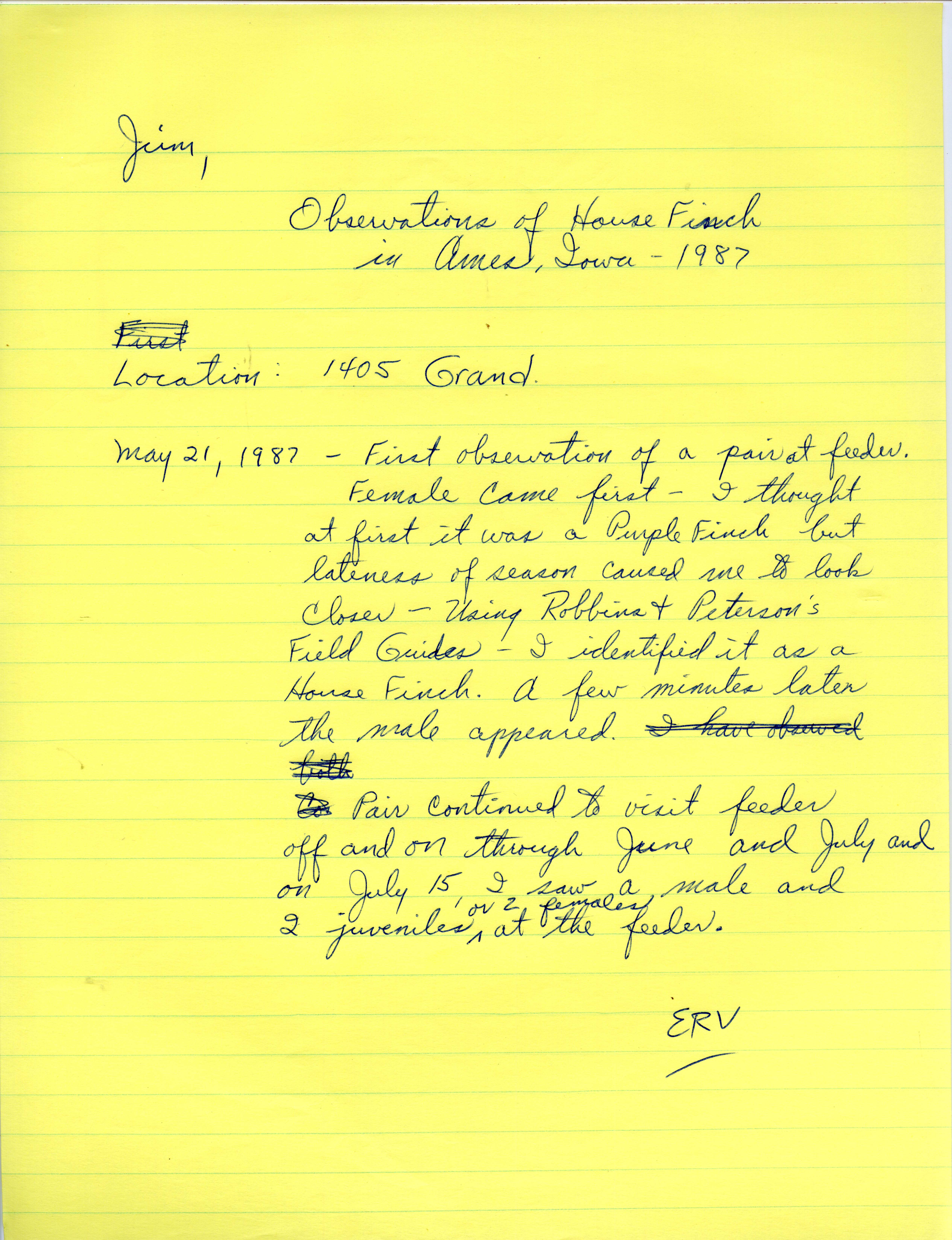 Erwin E. Klaas letter to James J. Dinsmore regarding a House Finch sighting, summer 1987