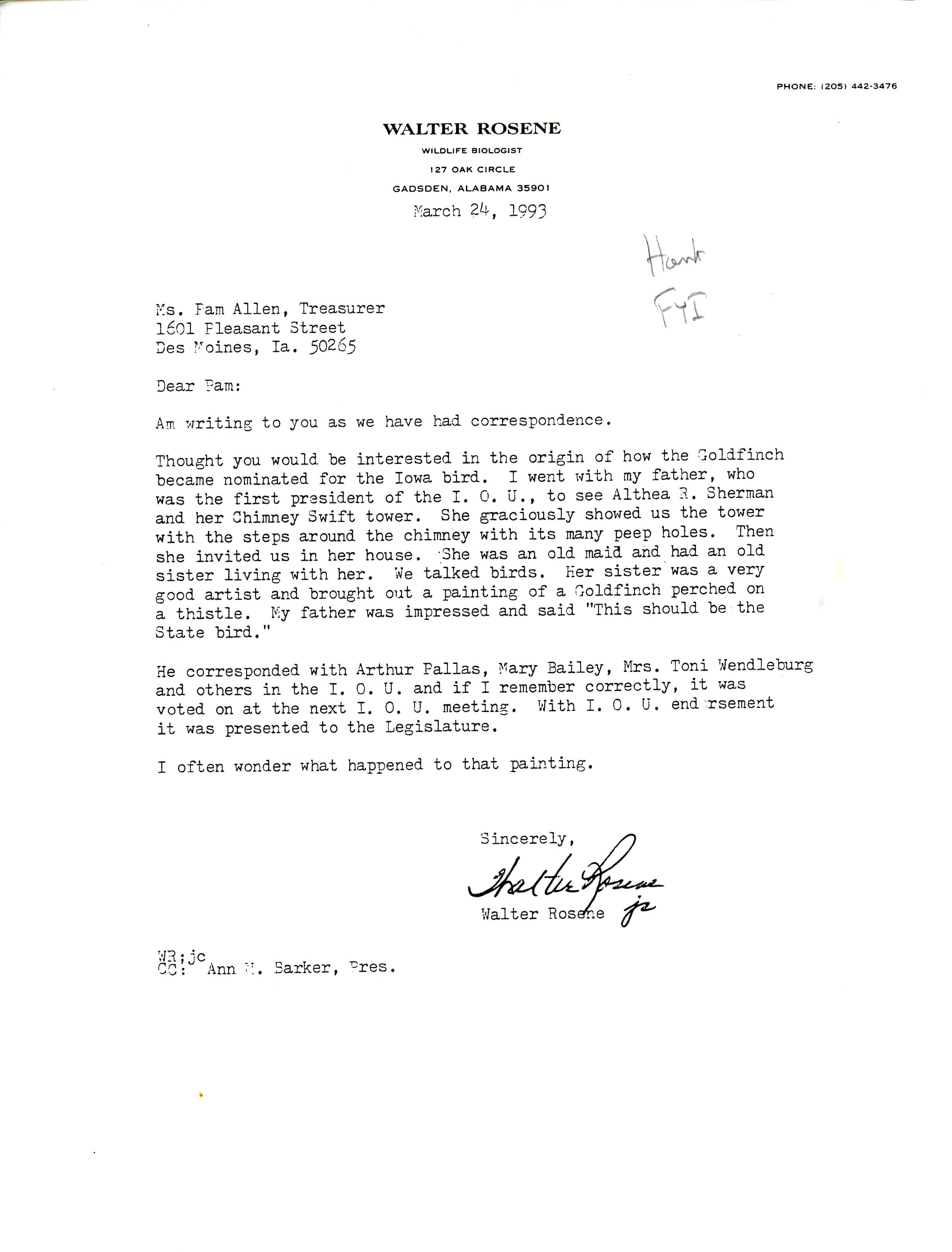 Walter Rosene, Jr. letter to Pam Allen regarding the nomination of the Goldfinch as the Iowa State bird, March 24, 1993