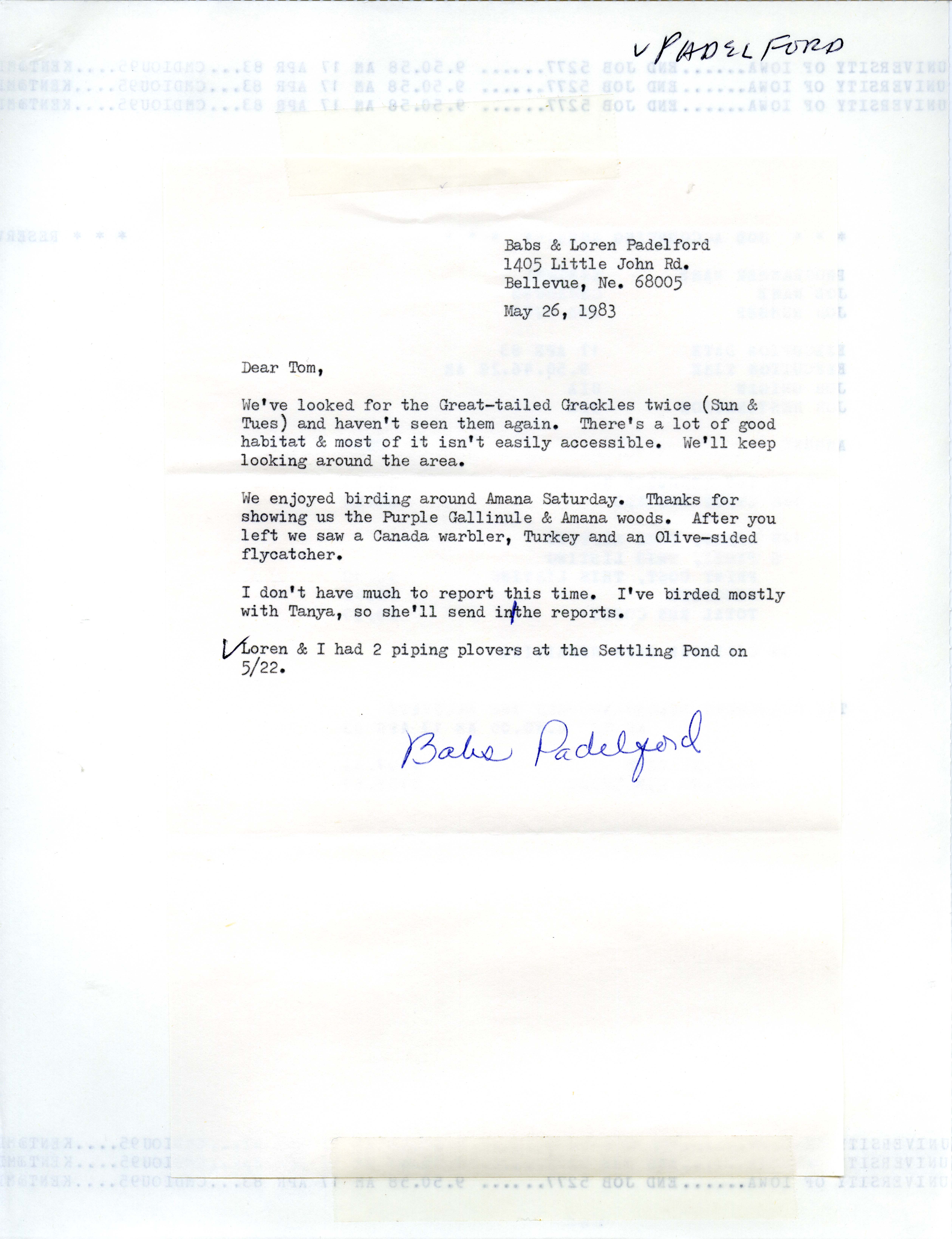 Babs Padelford letter to Thomas H. Kent regarding spring bird sightings, May 26, 1983