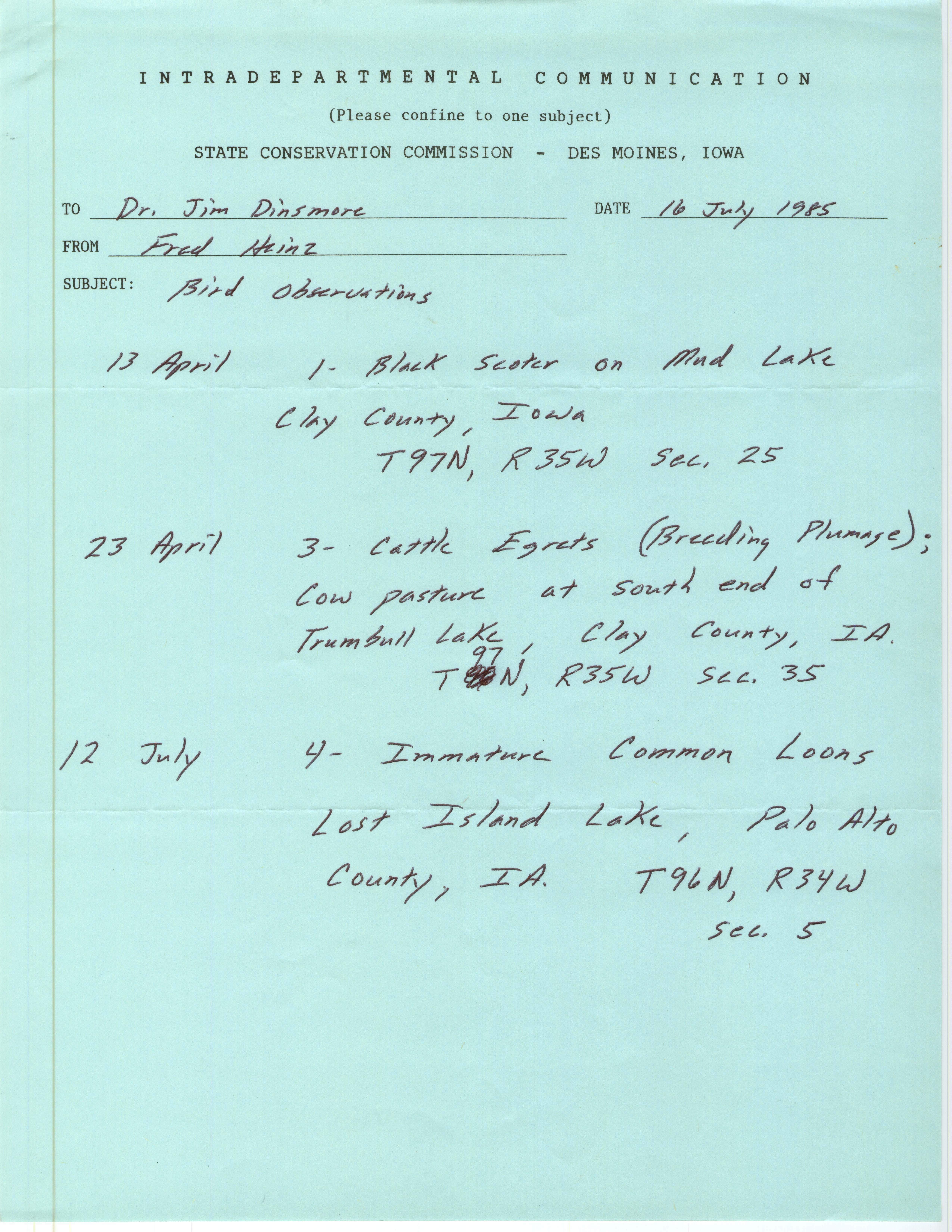 Field notes contributed by Fred Heinz, July 16, 1985