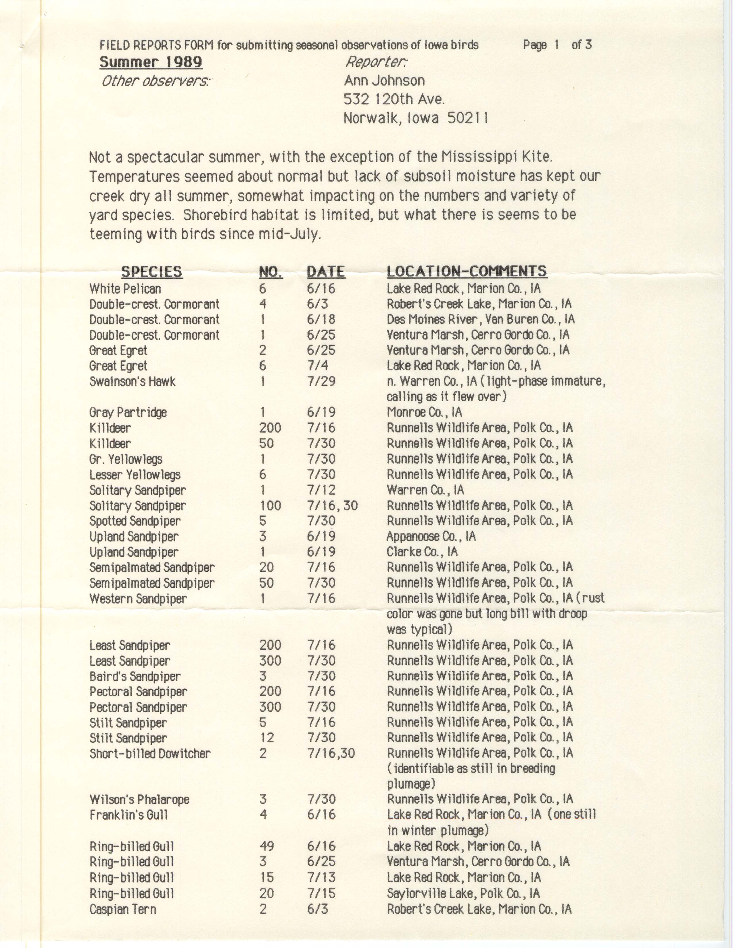Field reports form for submitting seasonal observations of Iowa birds, Ann Johnson, summer 1989