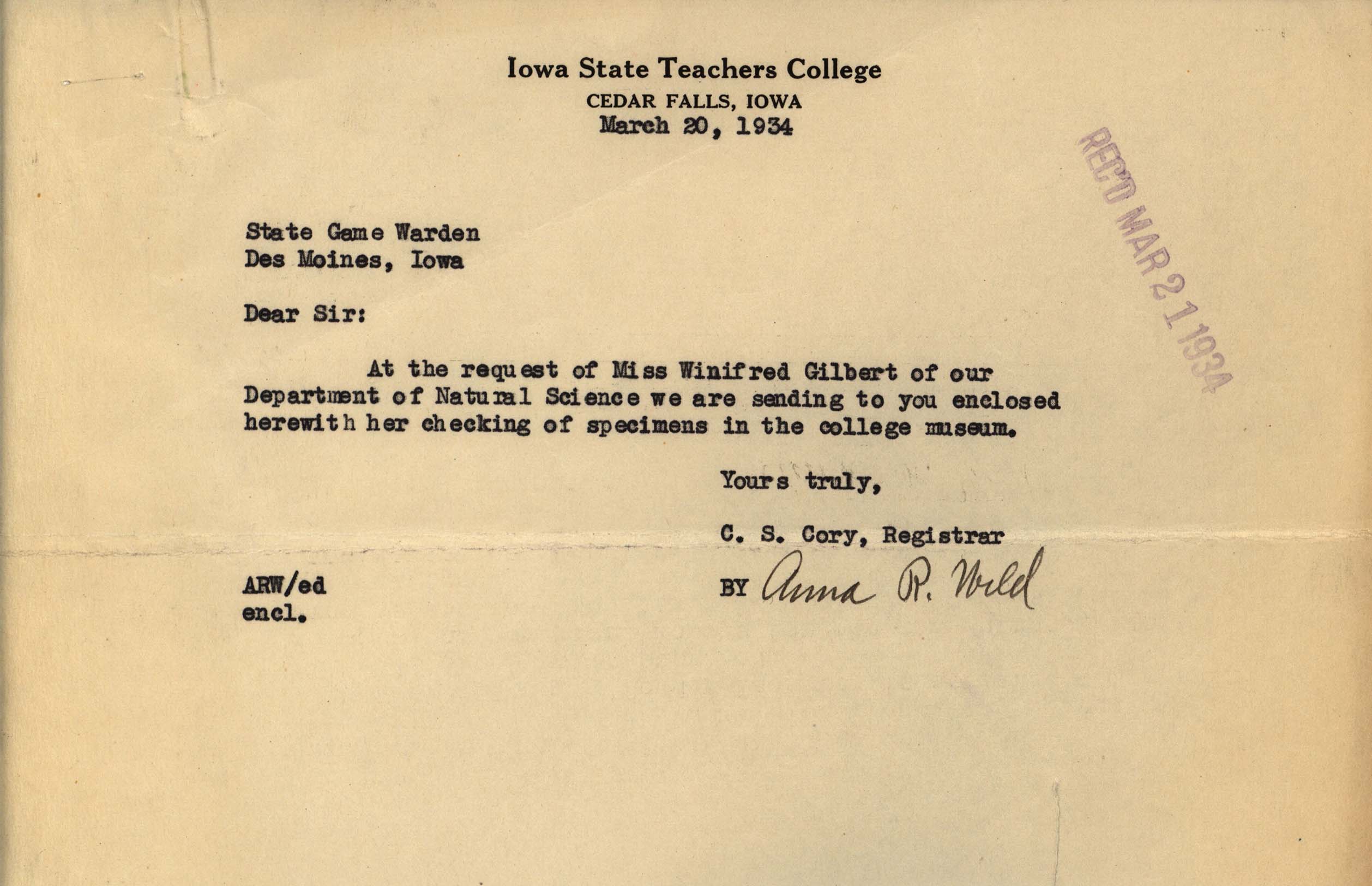 Anna Wild letter to Philip DuMont regarding bird specimens at Iowa State Teachers College, March 20, 1934