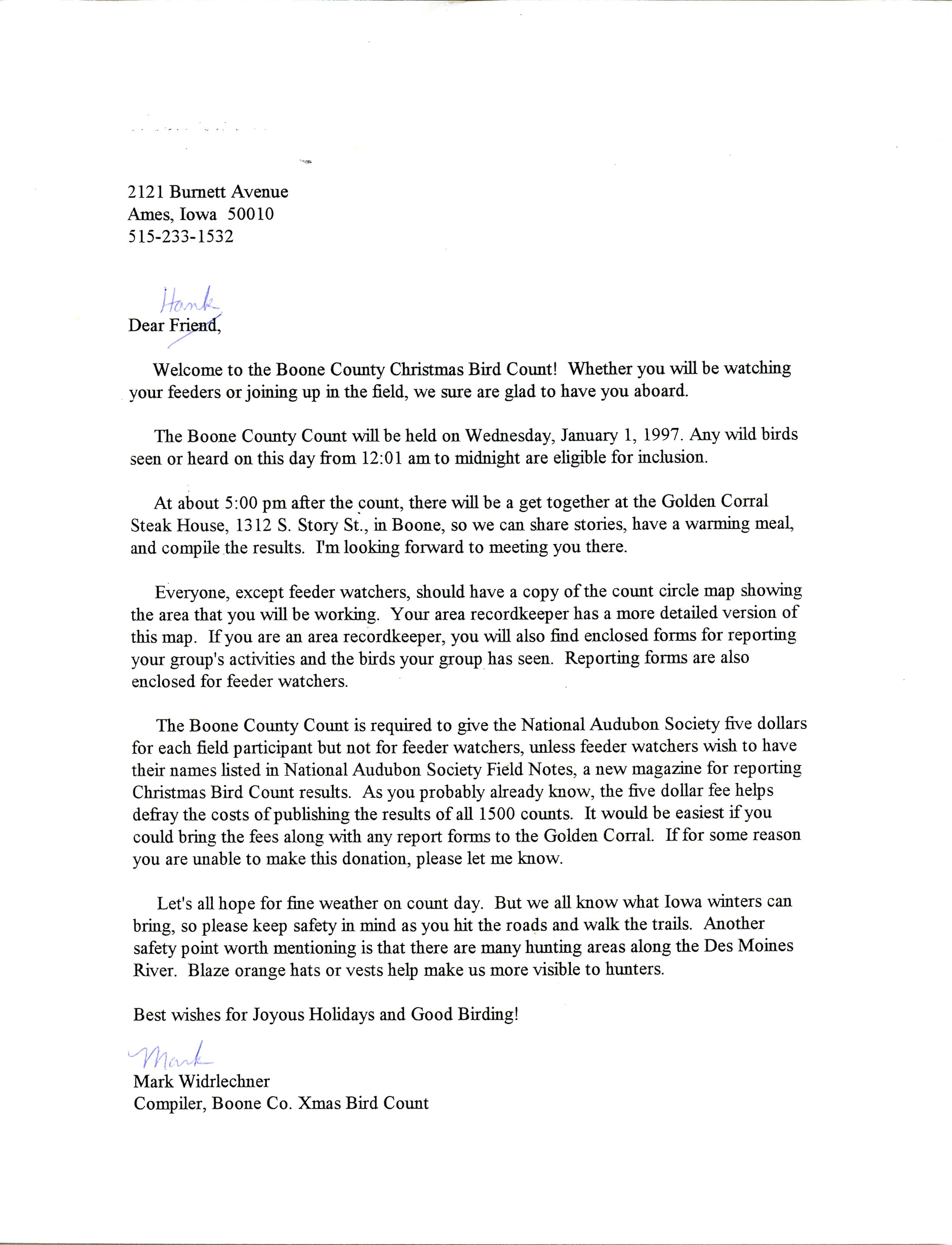 Mark Widrlechner letter to Hank Zaletel regarding the Boone County Christmas Bird Count