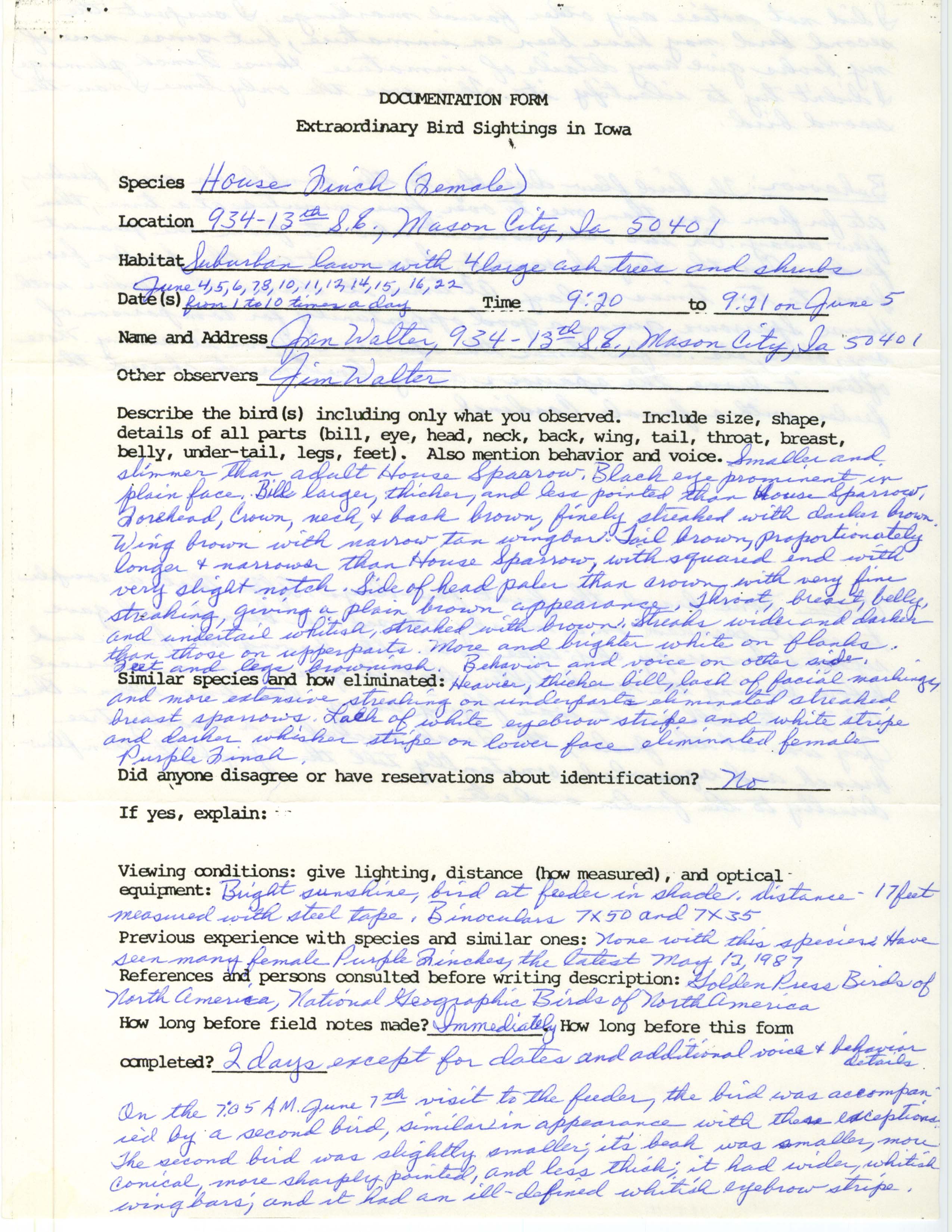 Rare bird documentation form for House Finch at Mason City in 1987