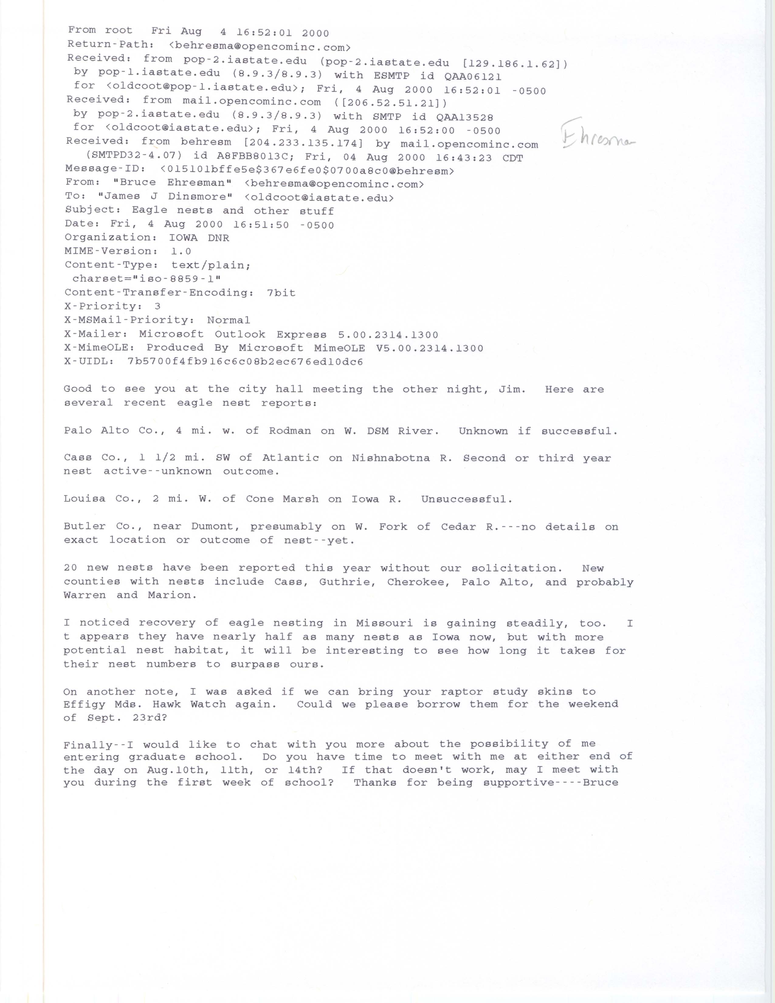 Bruce Ehresman email to James J. Dinsmore regarding Bald Eagle nest locations, August 4, 2000