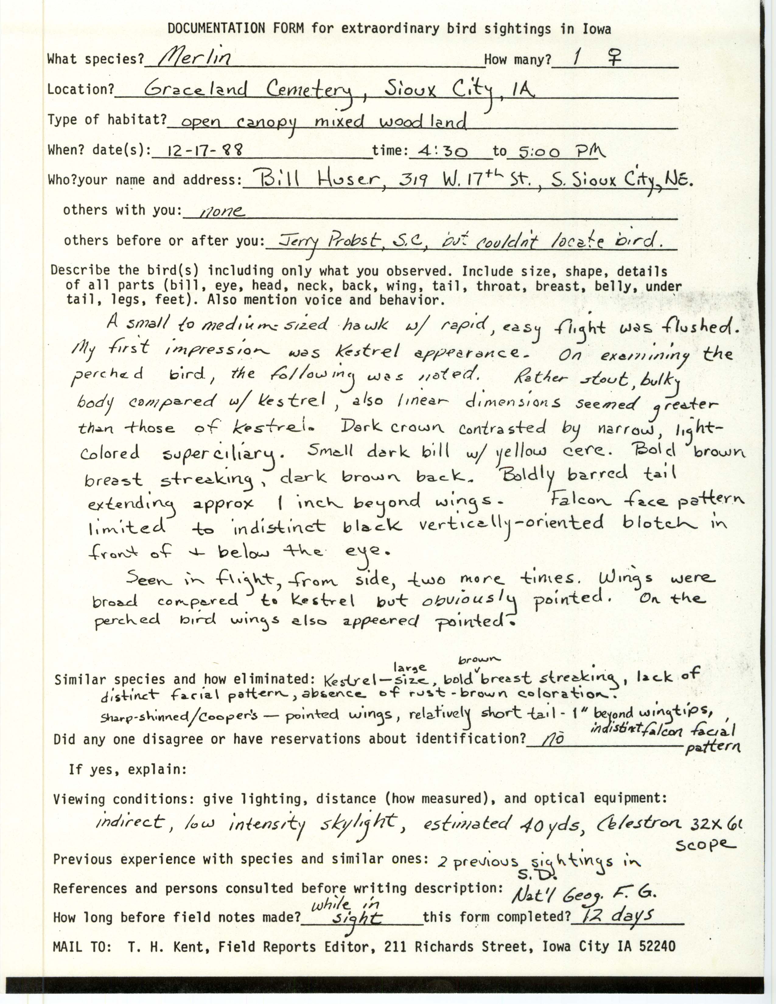 Rare bird documentation form for Merlin at Graceland Cemetery, 1988