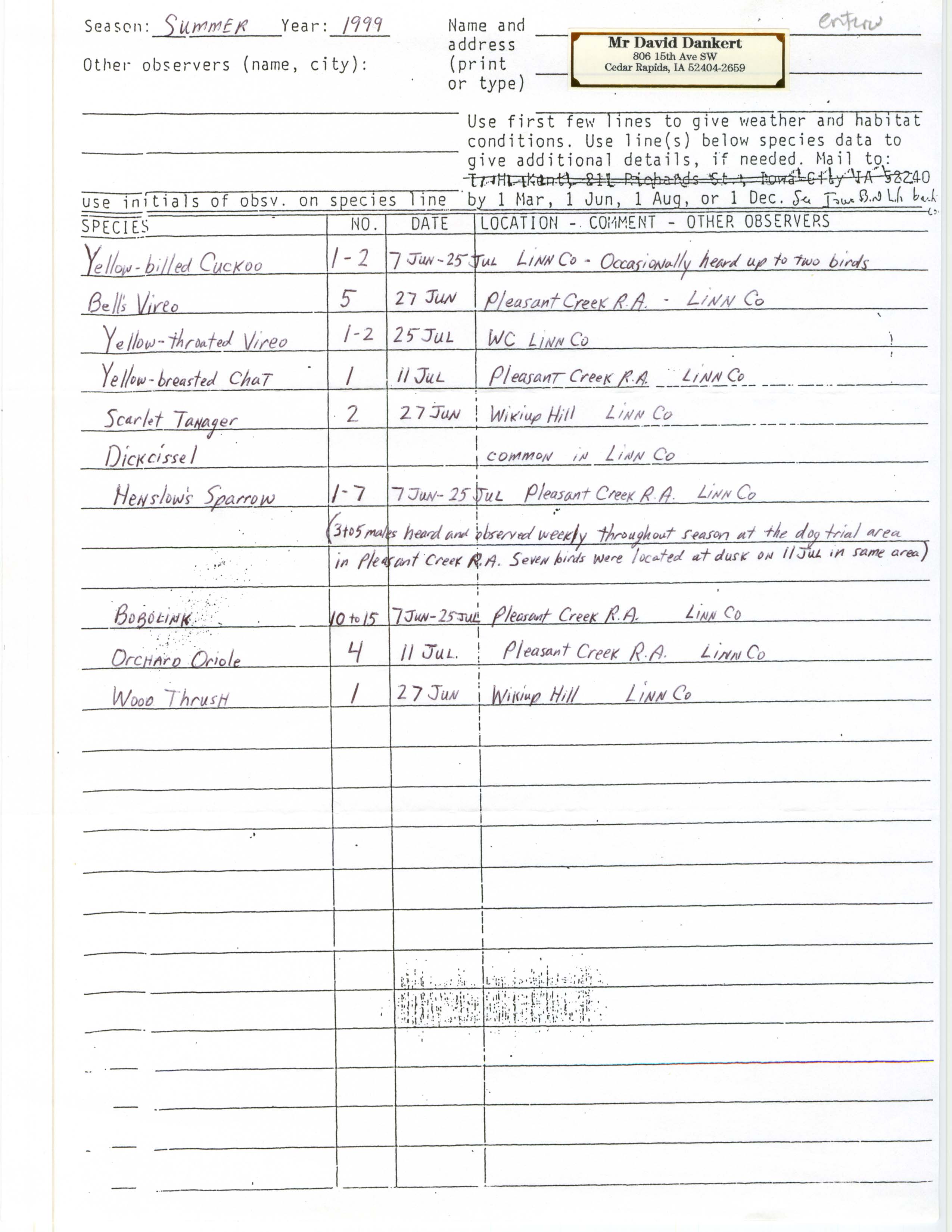 Field reports form for submitting seasonal observations of Iowa birds, Summer 1999, David Dankert