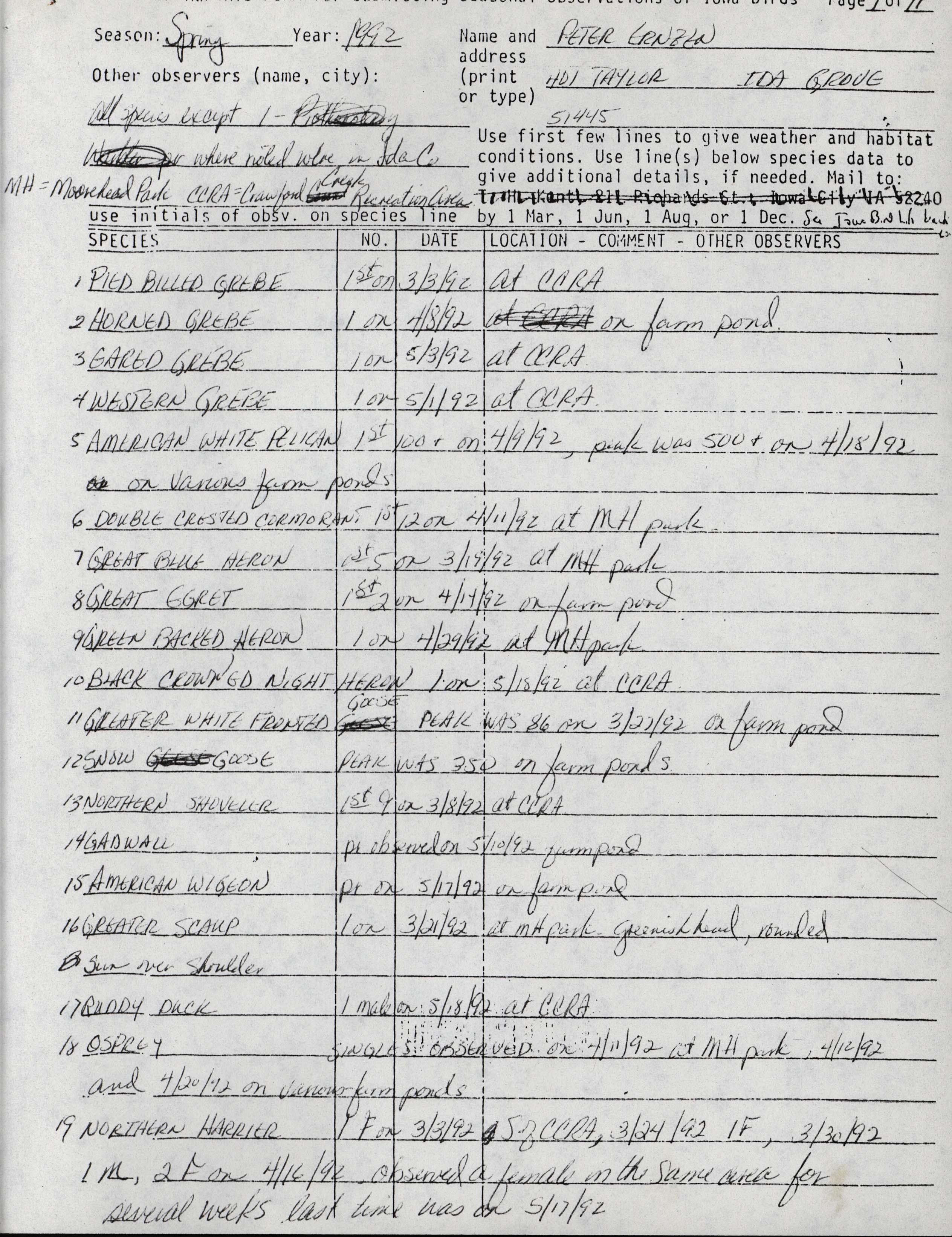 Field reports form for submitting seasonal observations of Iowa birds, Peter Ernzen, spring 1992