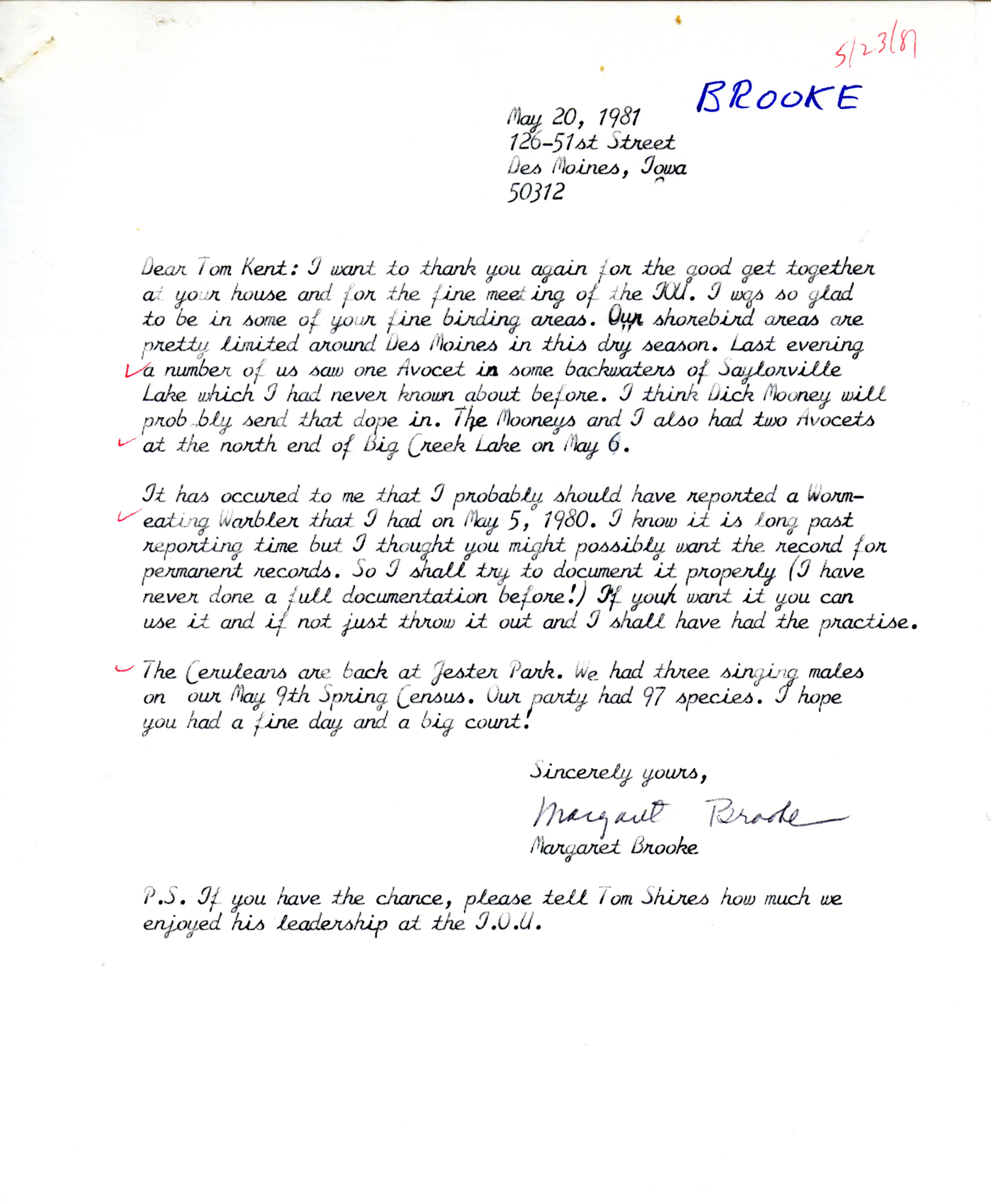 Margaret Brooke letter to Thomas Kent regarding a Worm-eating Warbler sighting, May 20, 1981