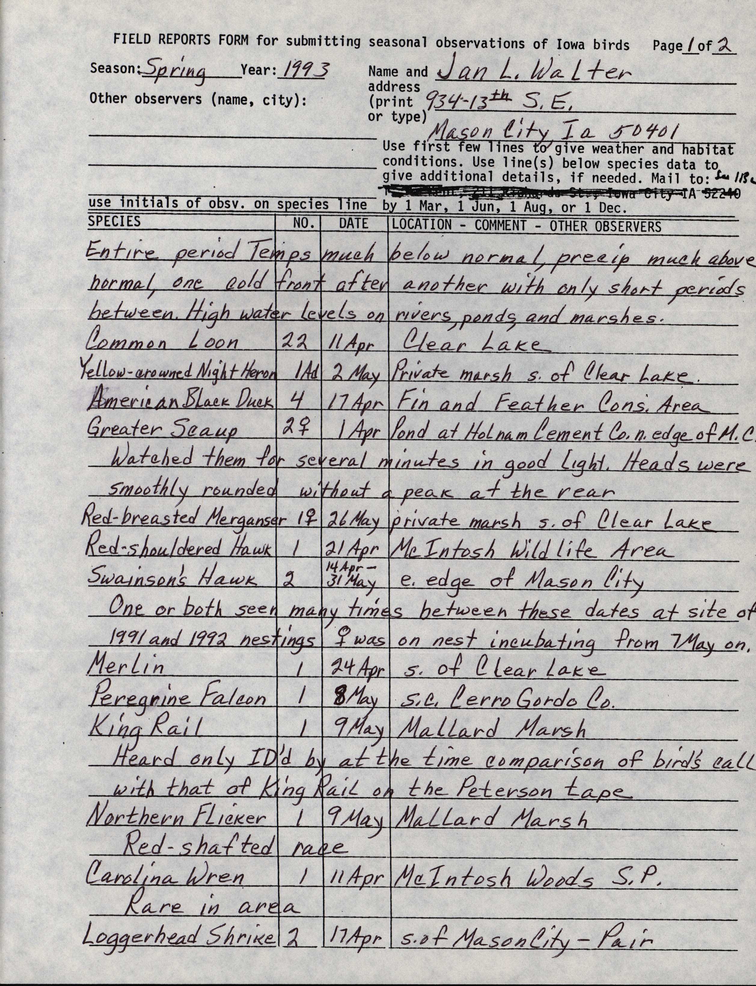 Field reports form for submitting seasonal observations of Iowa birds, Jan Walter, Spring 1993