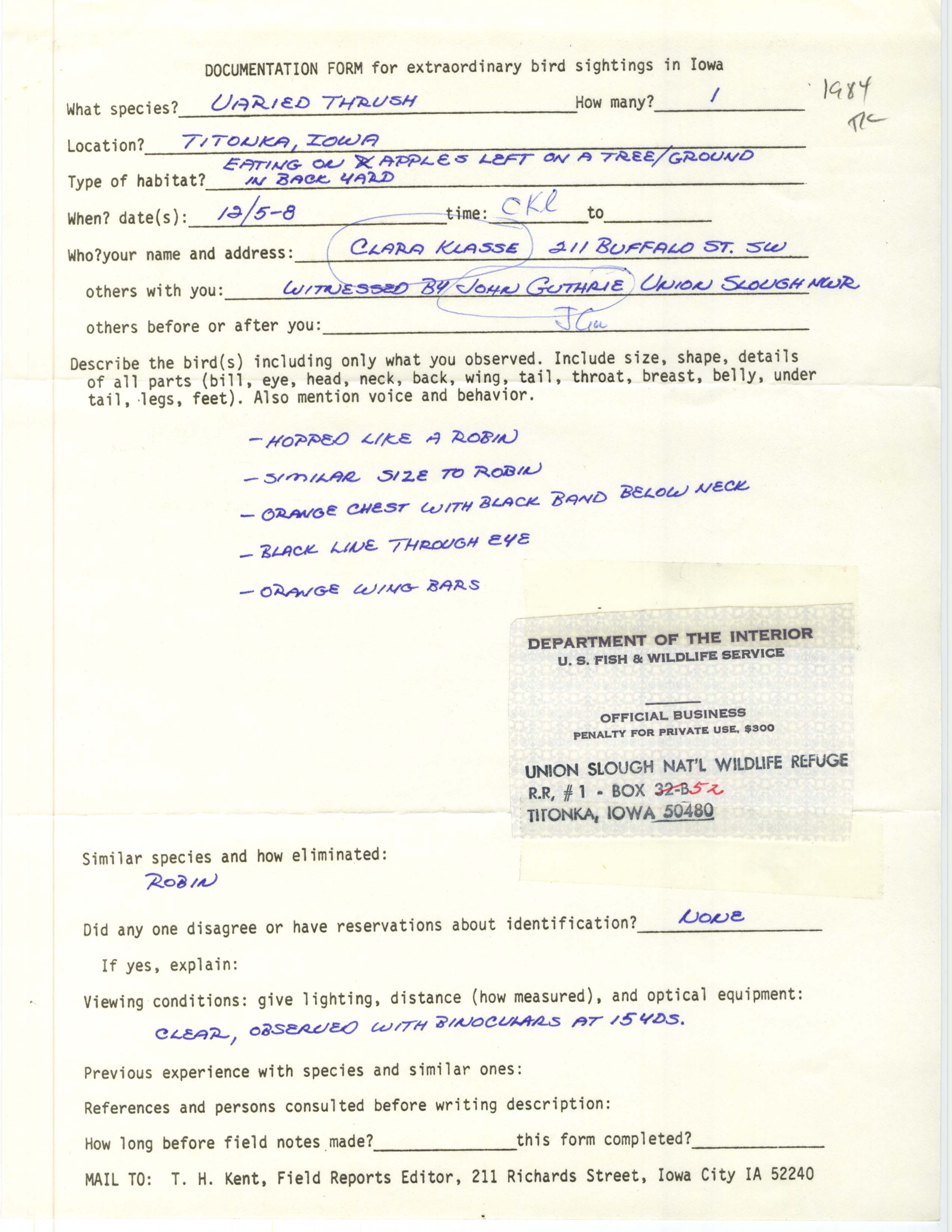 Rare bird documentation form for Varied Thrush at Titonka, 1984