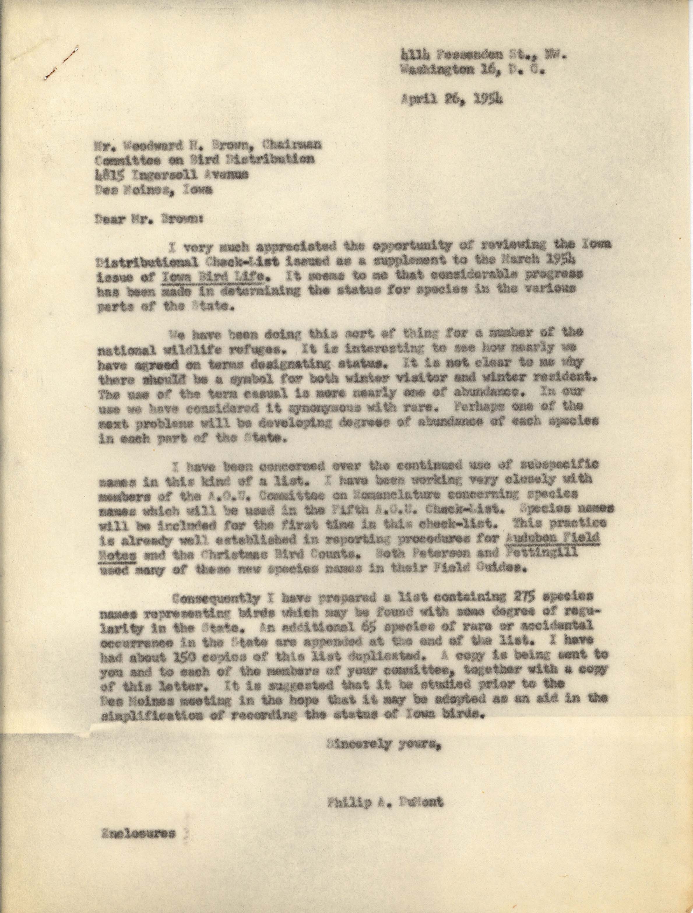 Philip DuMont letter to Woodward Brown regarding Iowa bird checklist, April 26, 1954