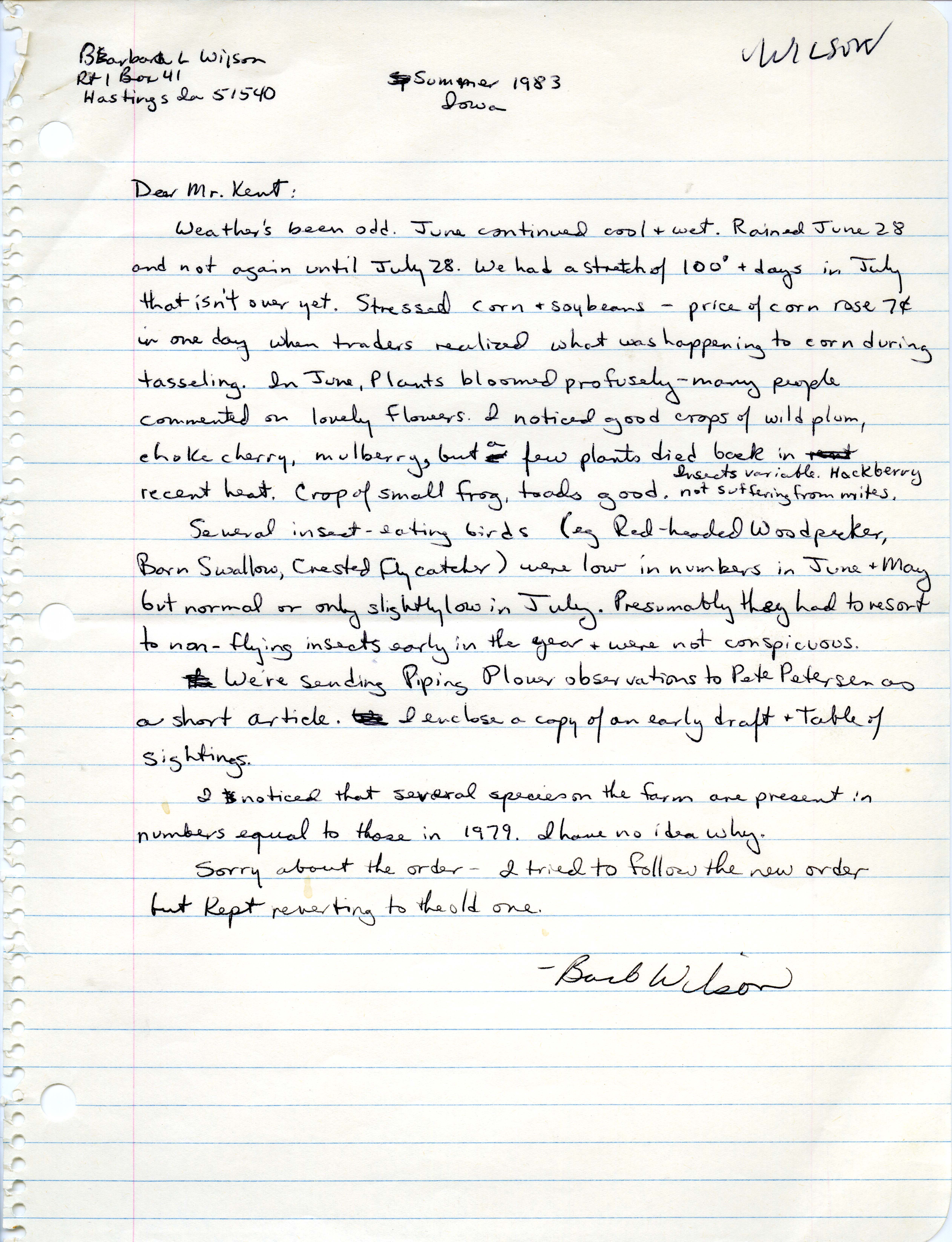 Barb Wilson letter to Thomas Kent regarding bird sightings, Summer 1983