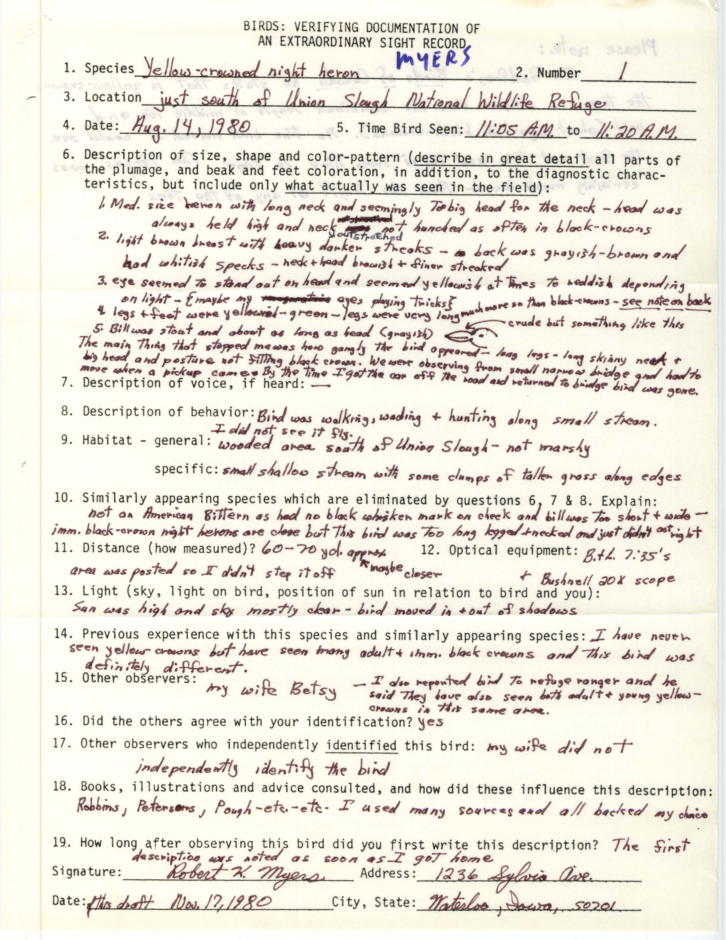 Rare bird documentation form for Yellow-crowned Night Heron at Union Slough National Wildlife Refuge, 1980