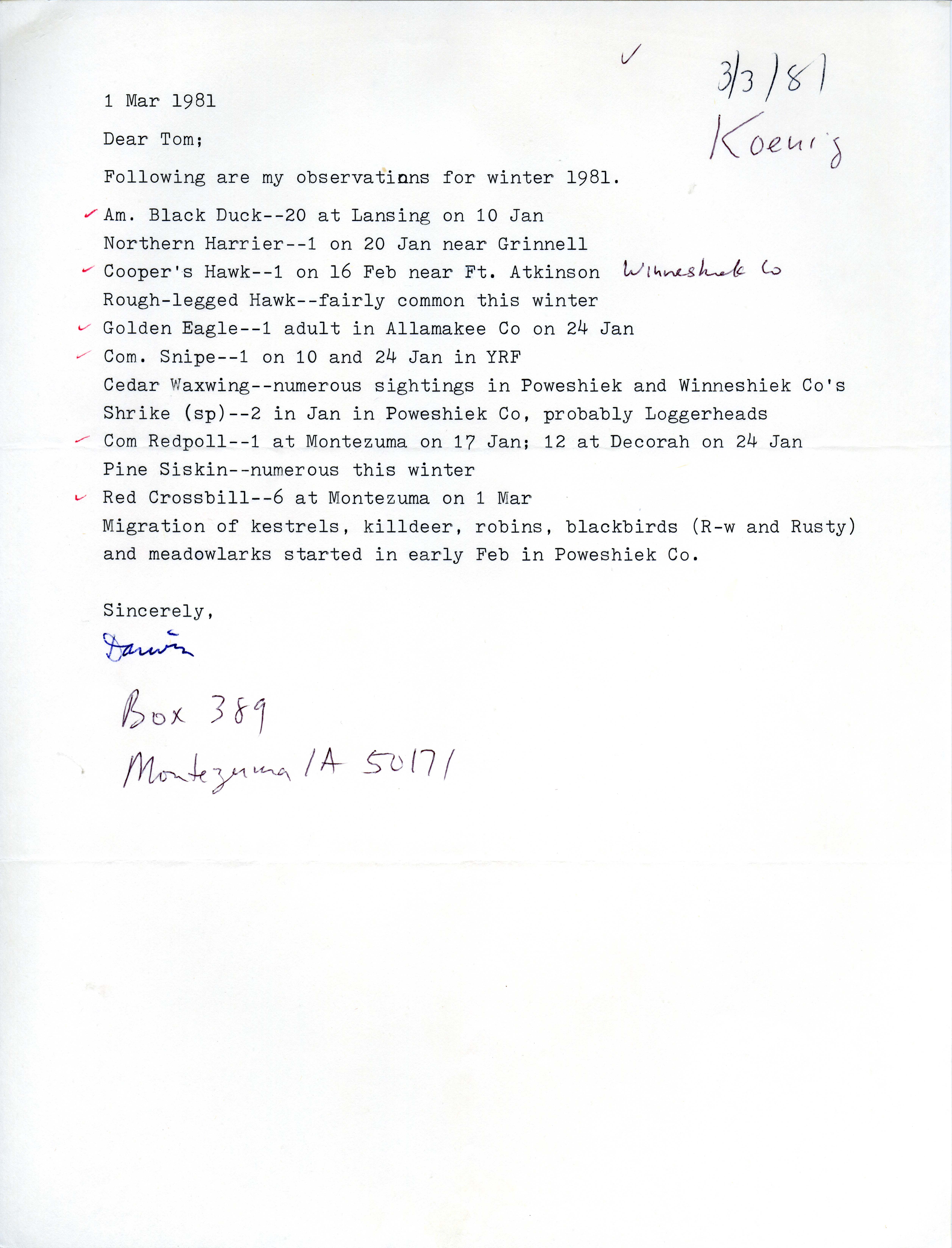 Darwin Koenig letter to Thomas Kent regarding observations for winter, March 1, 1981