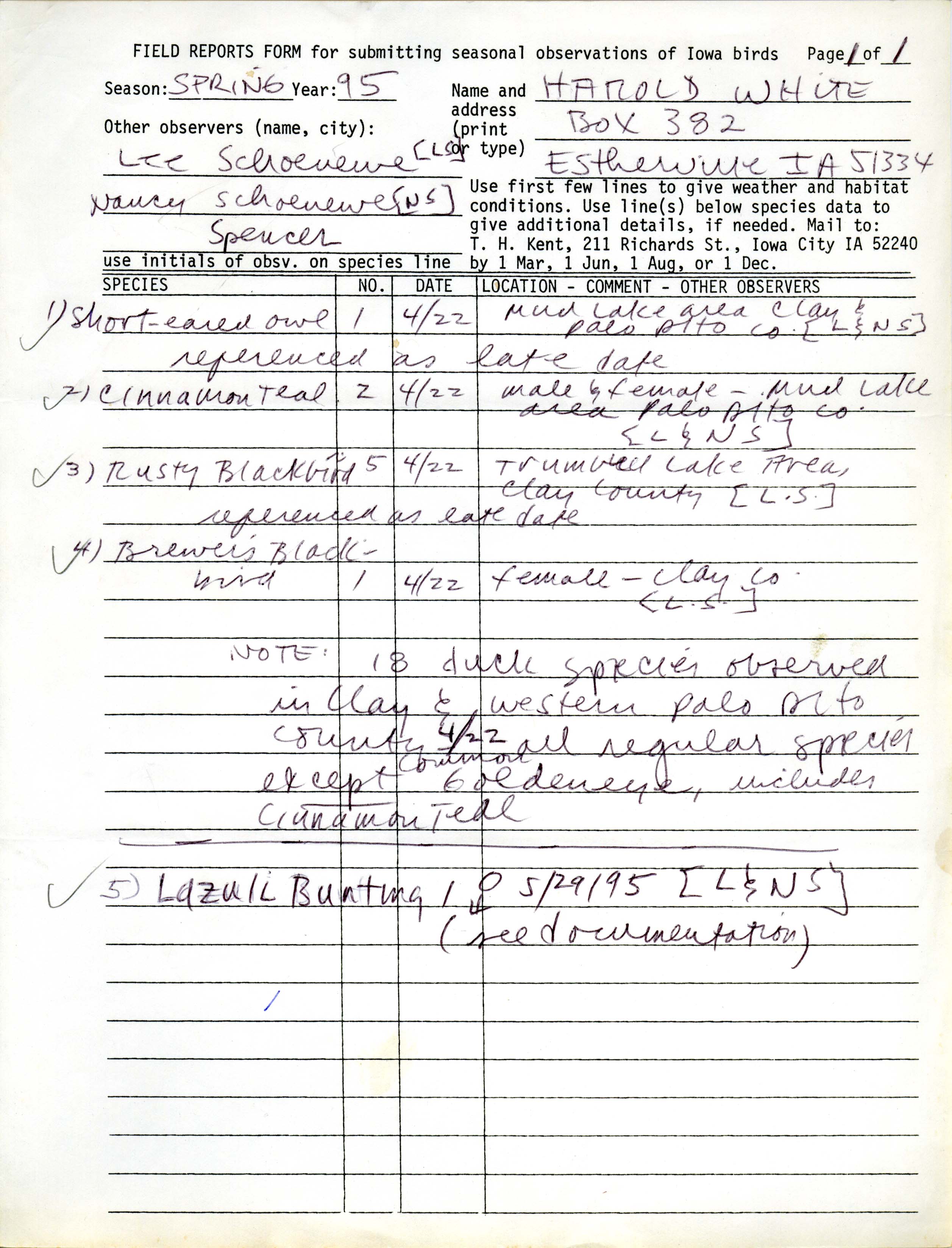 Field reports form for submitting seasonal observations of Iowa birds, spring 1995, Harold White
