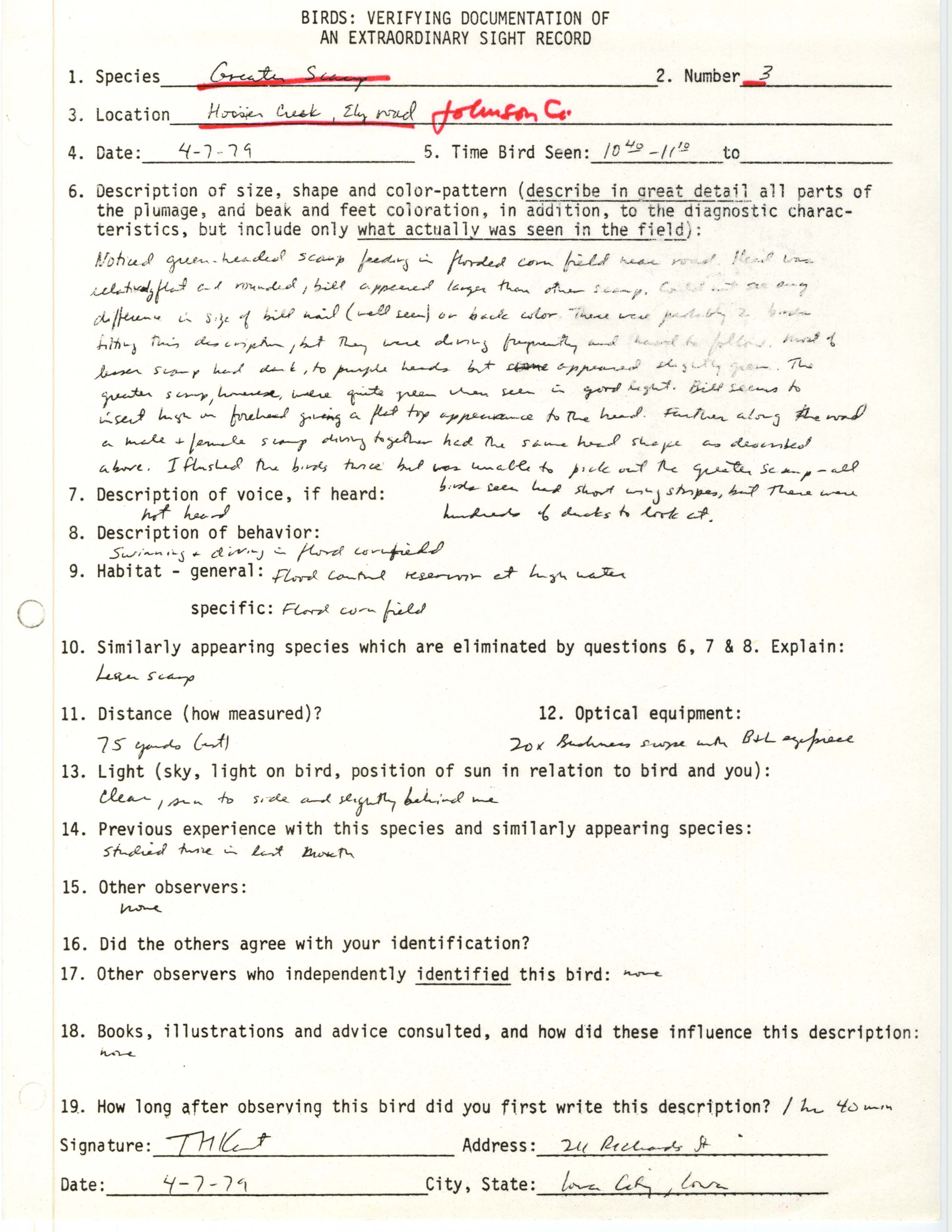 Rare bird documentation form for Greater Scaup at Hoosier Creek in 1979