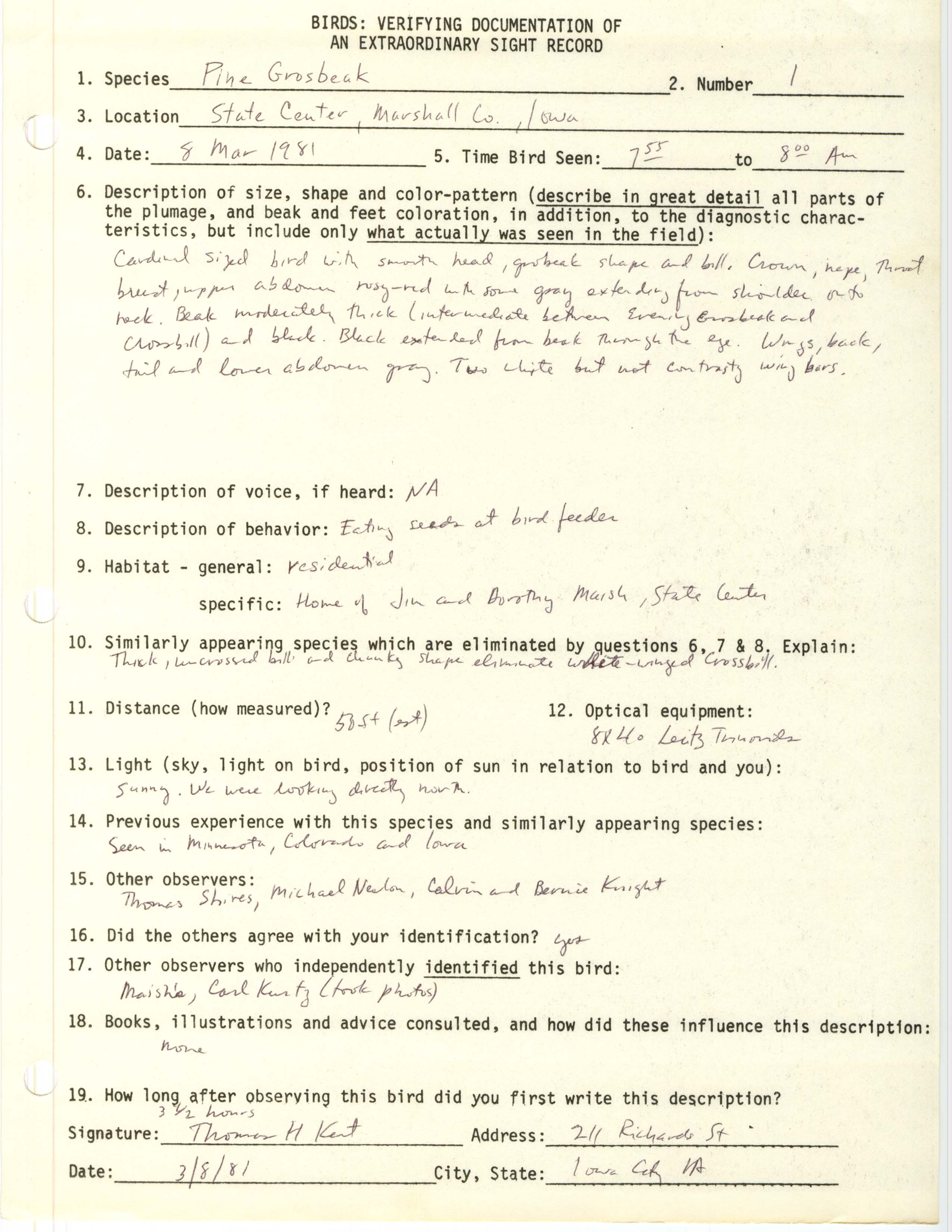 Rare bird documentation form for Pine Grosbeak at State Center, 1981