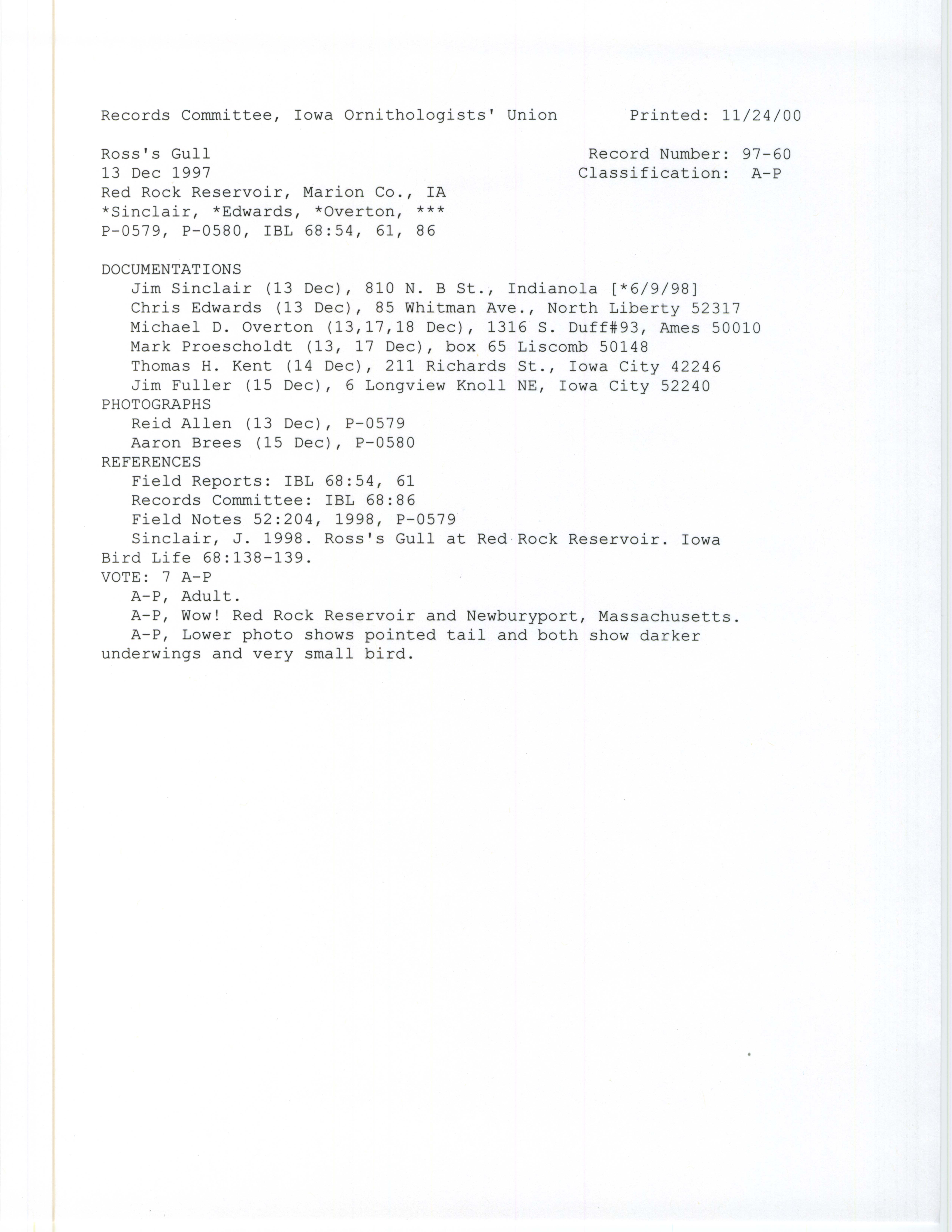 Records Committee review for rare bird sighting for Ross's Gull at Red Rock Dam, 1997