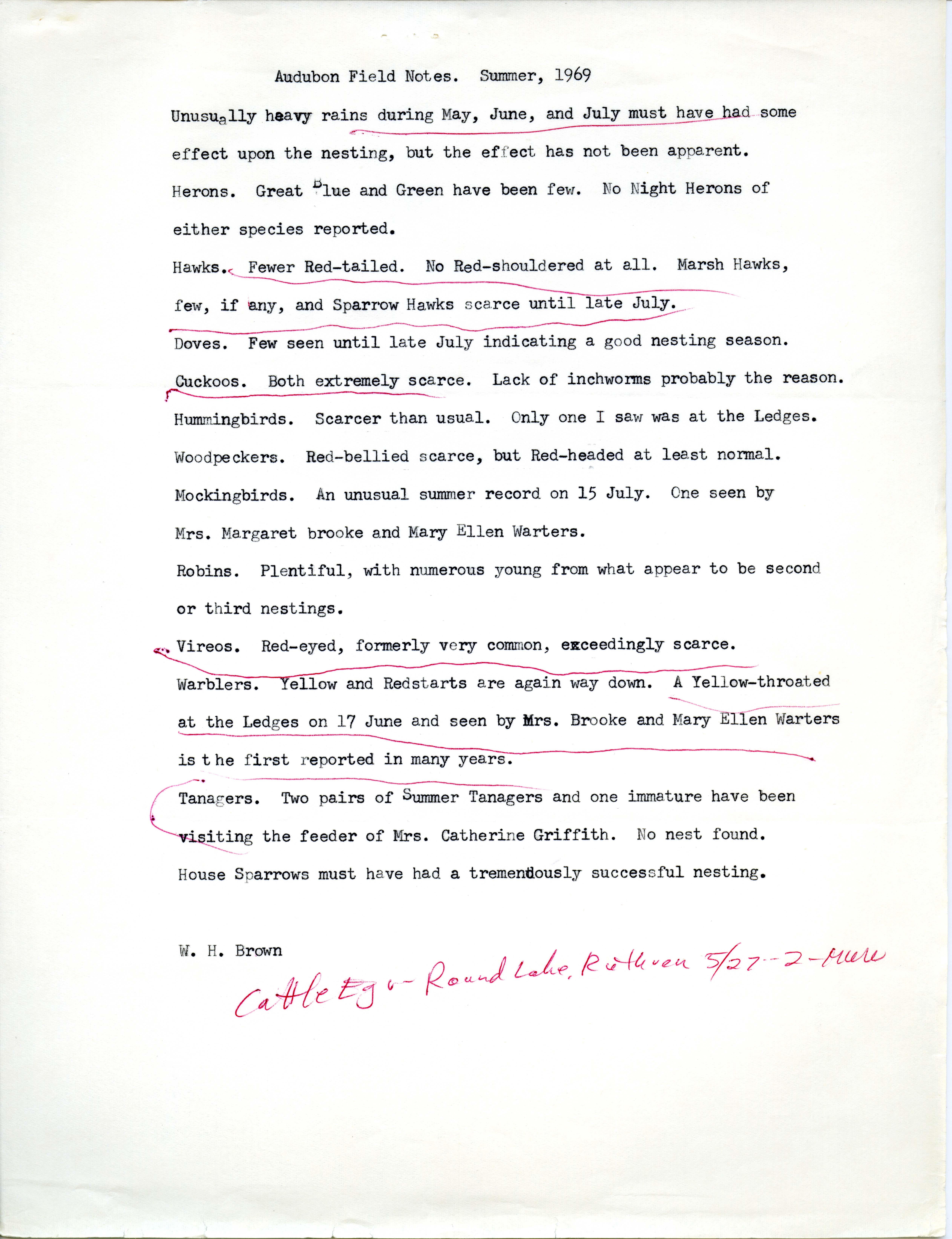 Audubon field notes, summer 1969, and R.G. Cortelyou letter to Peter C. Petersen regarding a Western Tanager, August 7, 1969