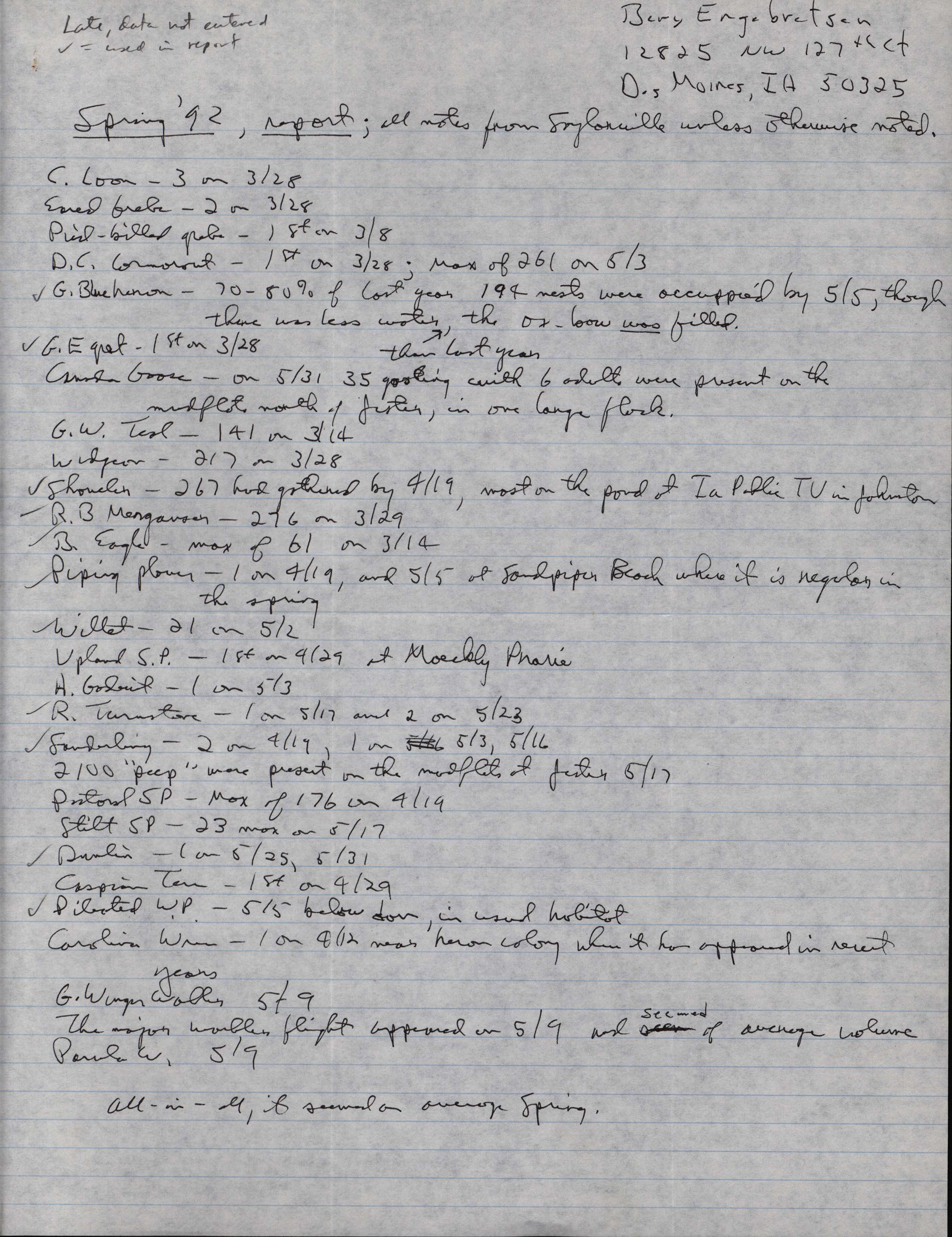 Field notes contributed by Bery Engebretsen, spring 1992