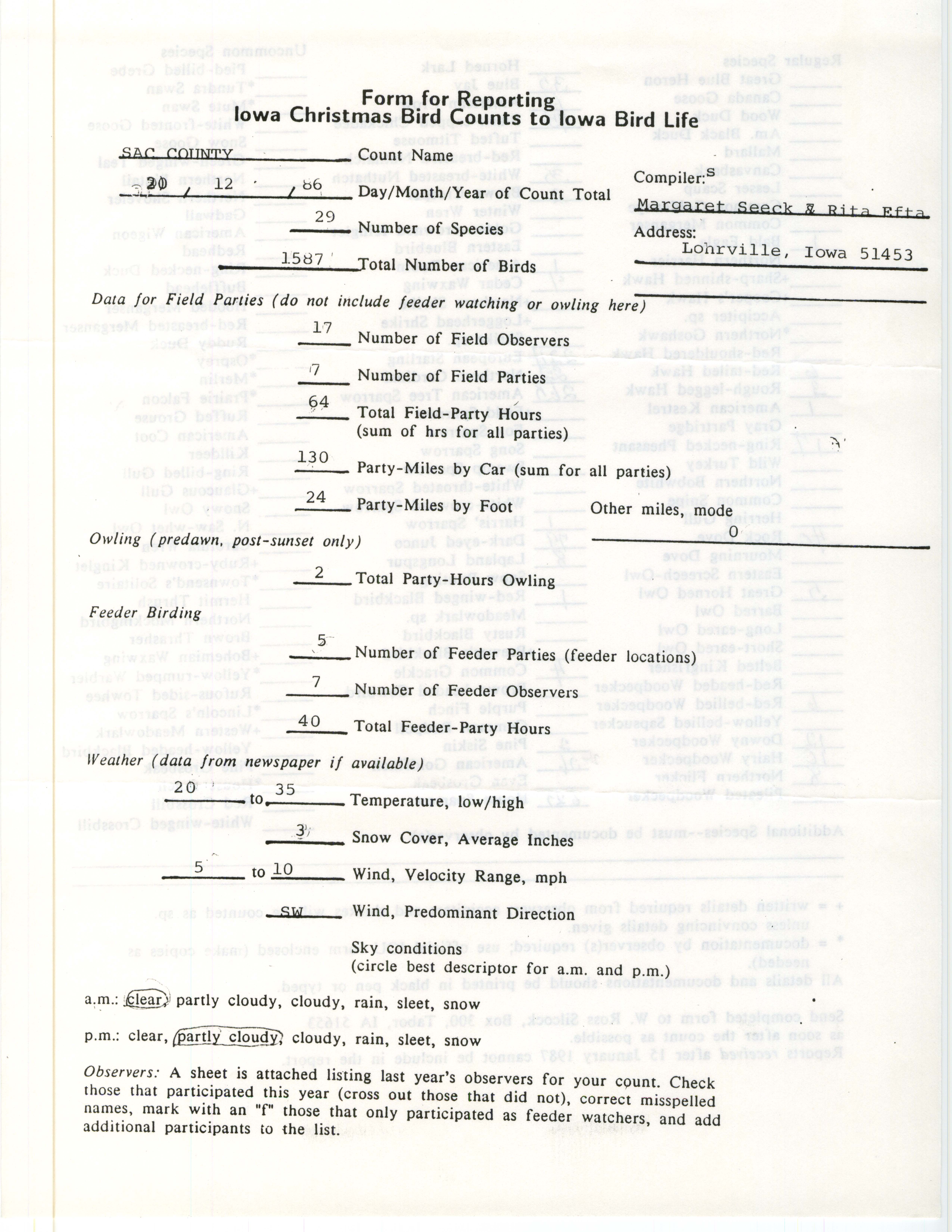 Form for reporting Iowa Christmas bird counts to Iowa Bird Life, Margaret Seeck and Rita E. Efta, December 20, 1986