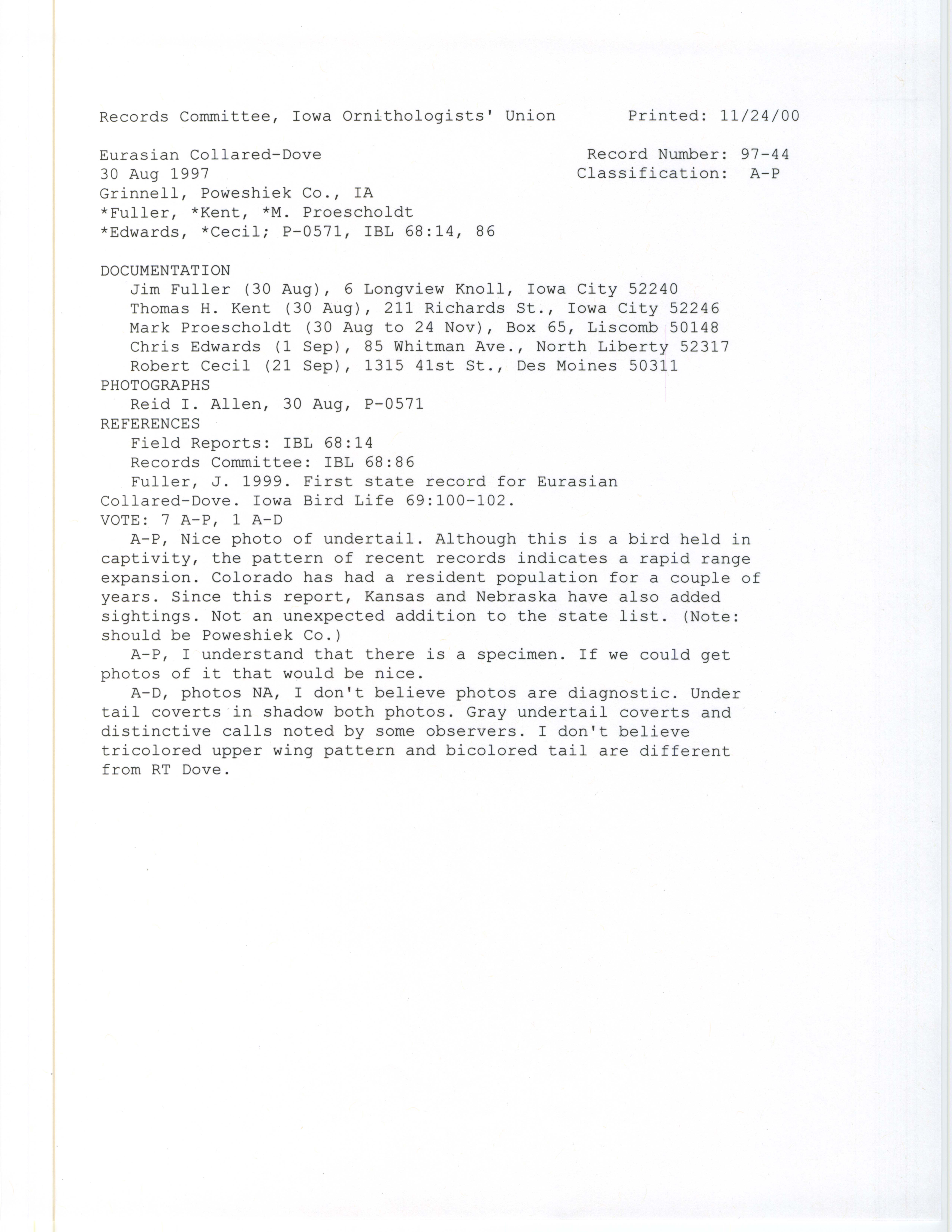 Records Committee review for rare bird sighting for Eurasian Collared Dove at Grinnell Country Club, 1997