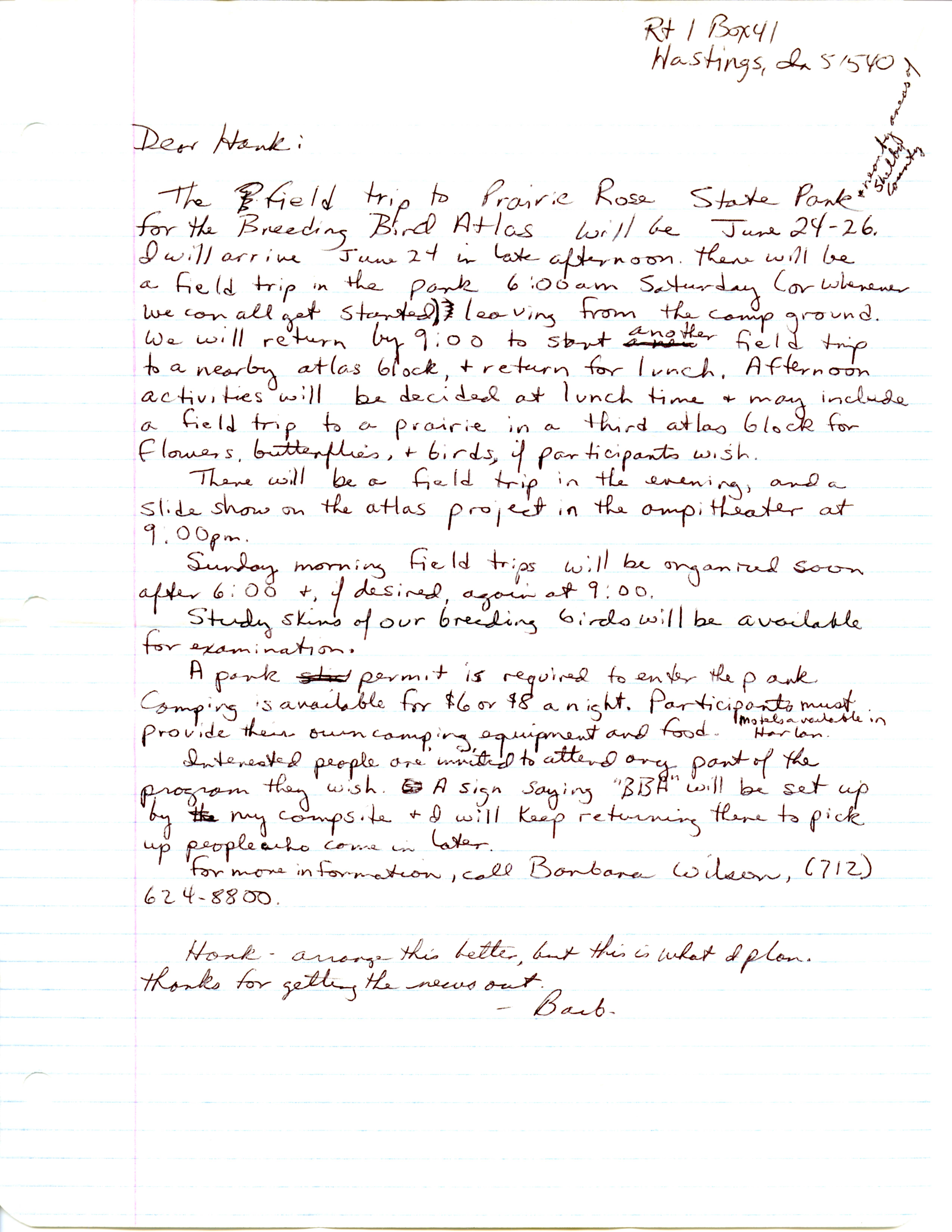 Barbara L. Wilson letter to Hank Zaletel regarding an upcoming field trip 