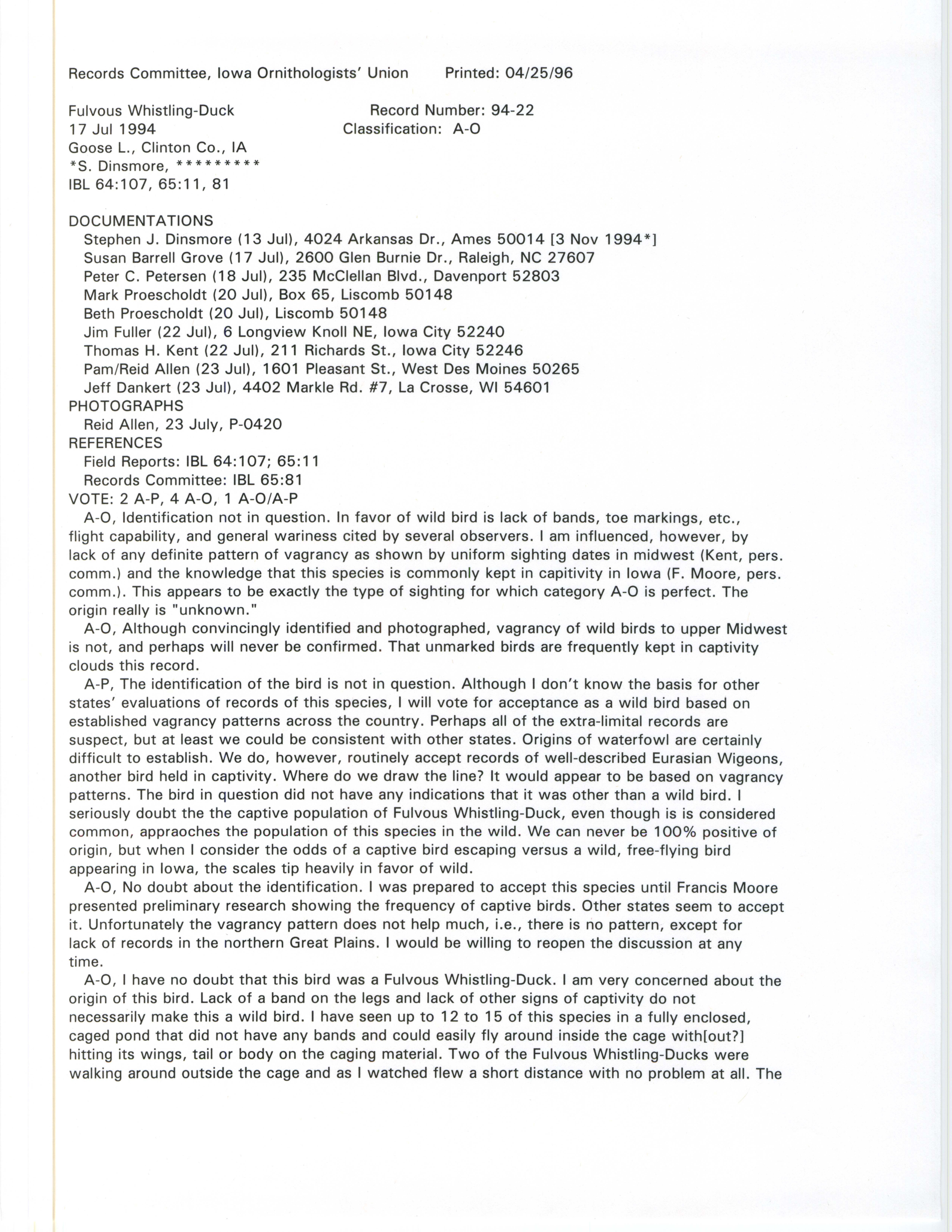 Records Committee review for rare bird sighting of Fulvous Whistling-Duck at Goose Lake, 1994