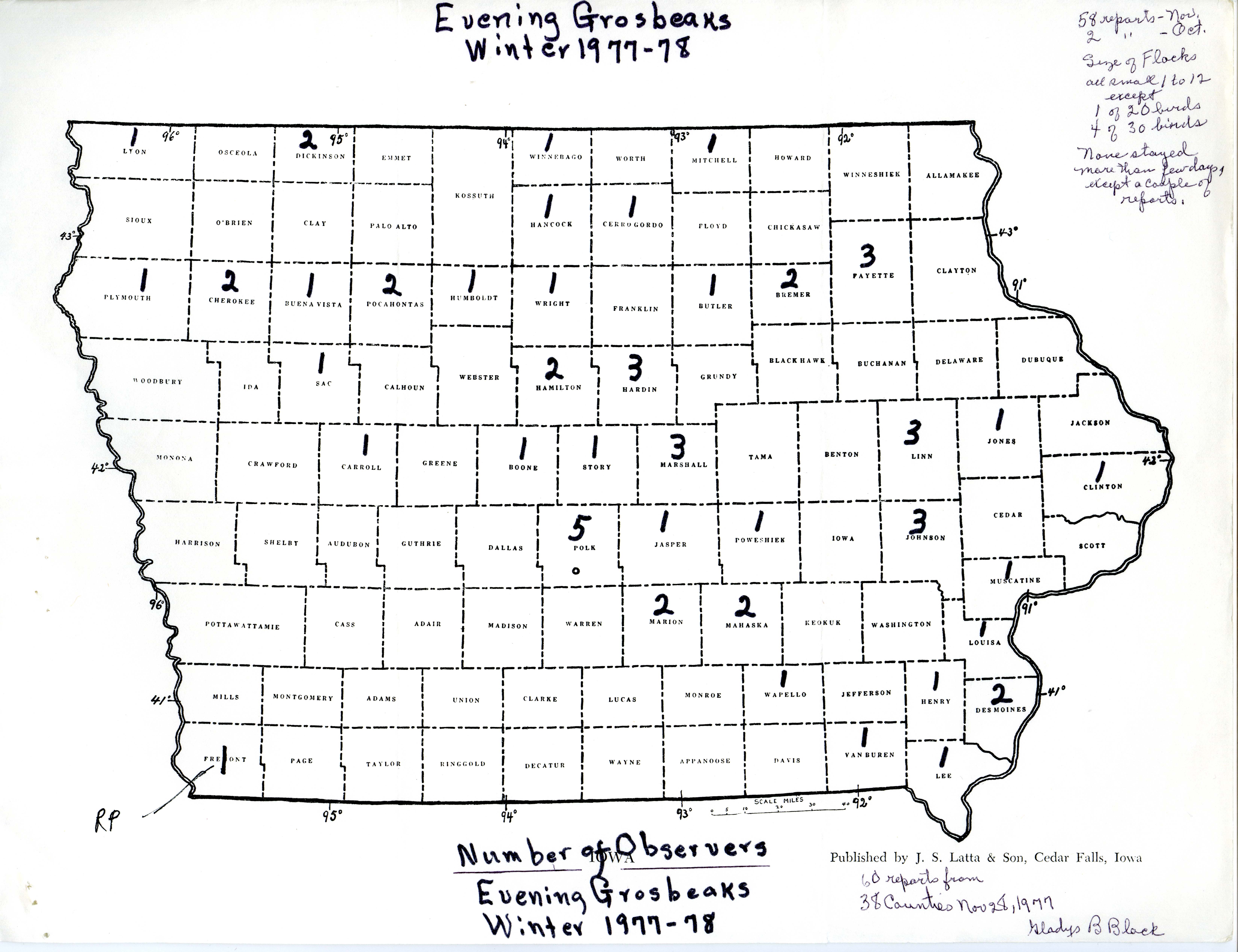 Iowa map with Evening Grosbeak sightings, winter 1977-1978